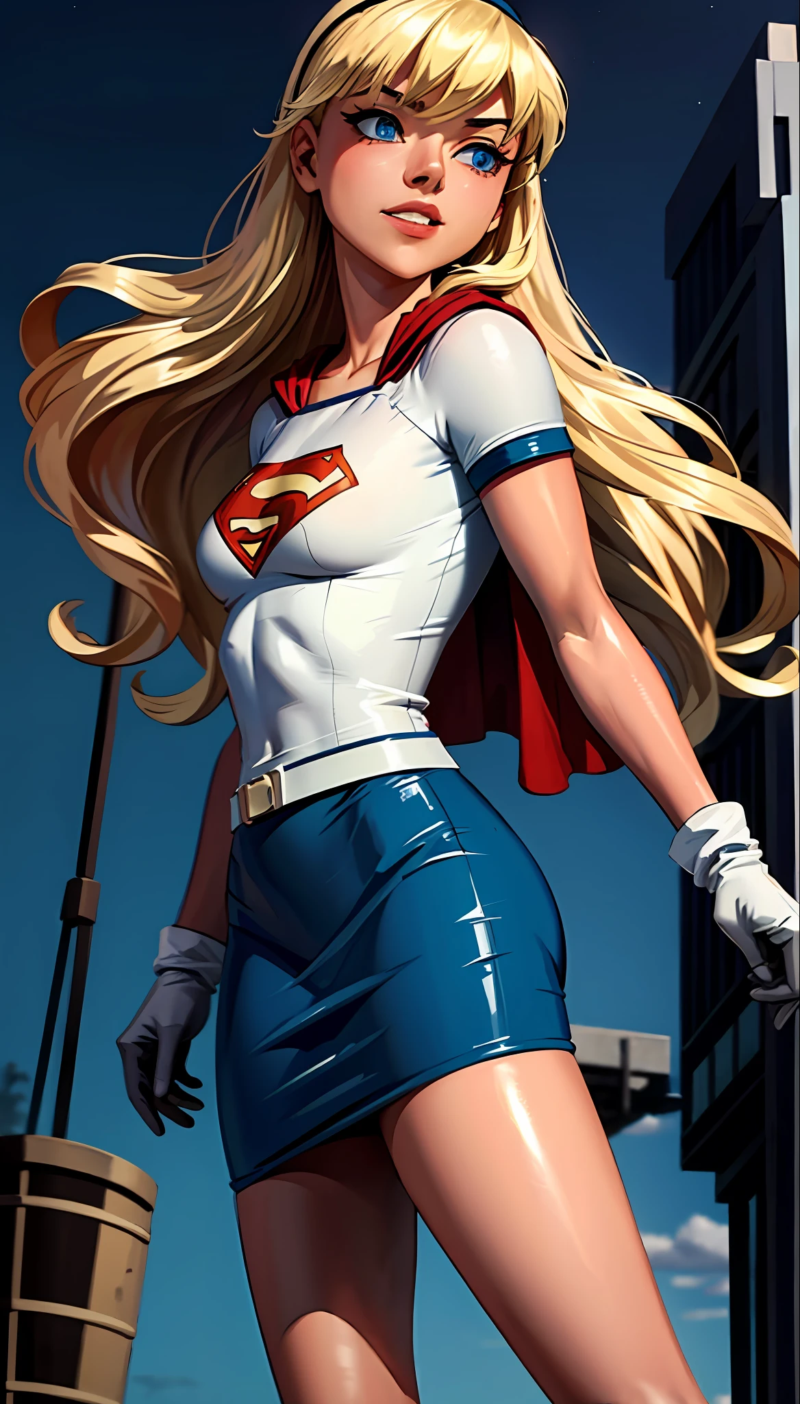 (cowboy shot), SFW, (masterpiece), (best quality: 1.0), (ultra highres: 1.0), detailed eyes,
BREAK
Supergirl, 1girl, long blonde hair, in the air, flying
hair band, \(white\) crop top, short sleeves, cape, blue pencil skirt, gloves, boots
BREAK
(clouds, night sky, stunning view)