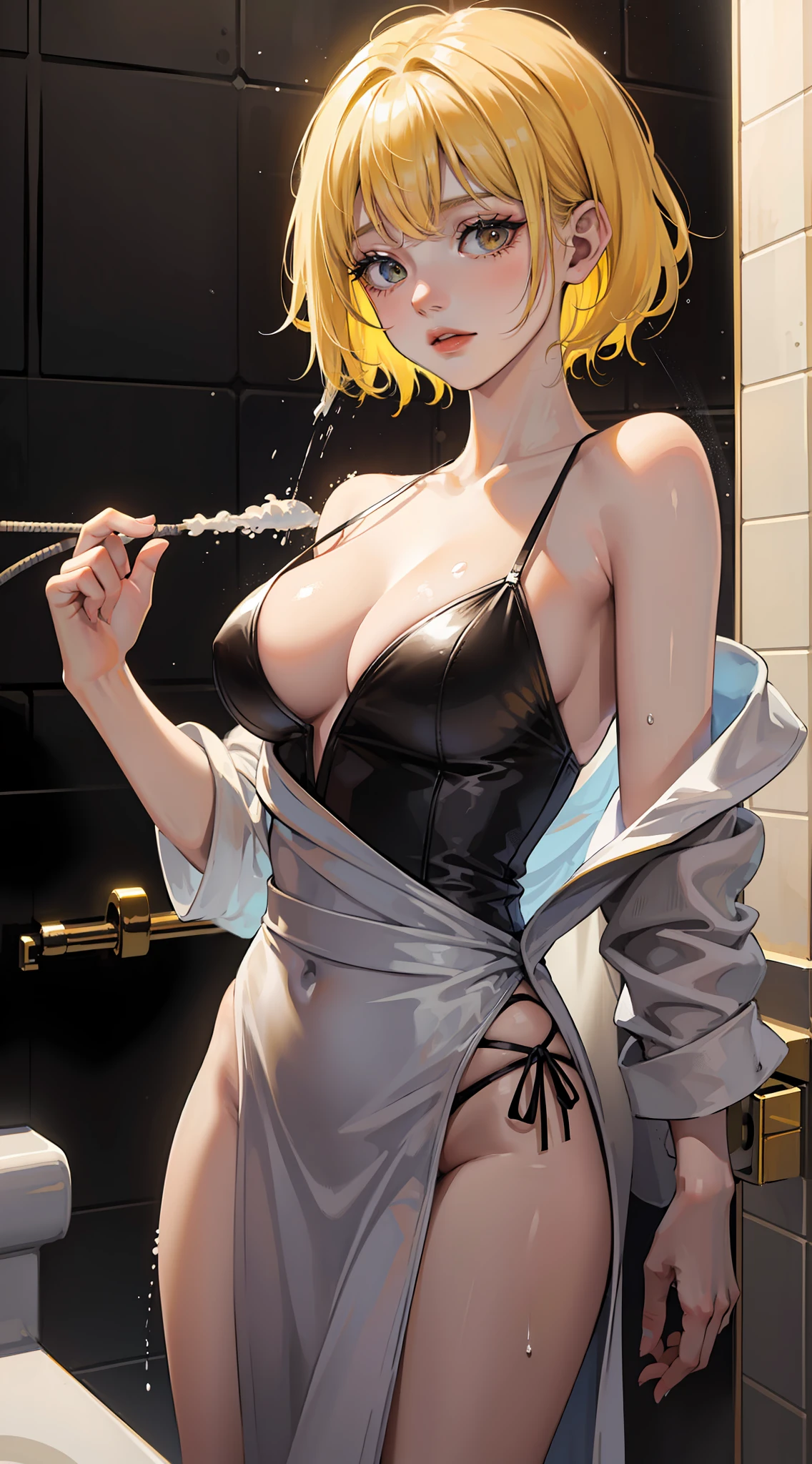 (yellow hair), (super short hair), (draped in bathrobe), (next to the shower open), (water splashed on the body 1.5), dynamic movement, vivid and vibrant, intricate,