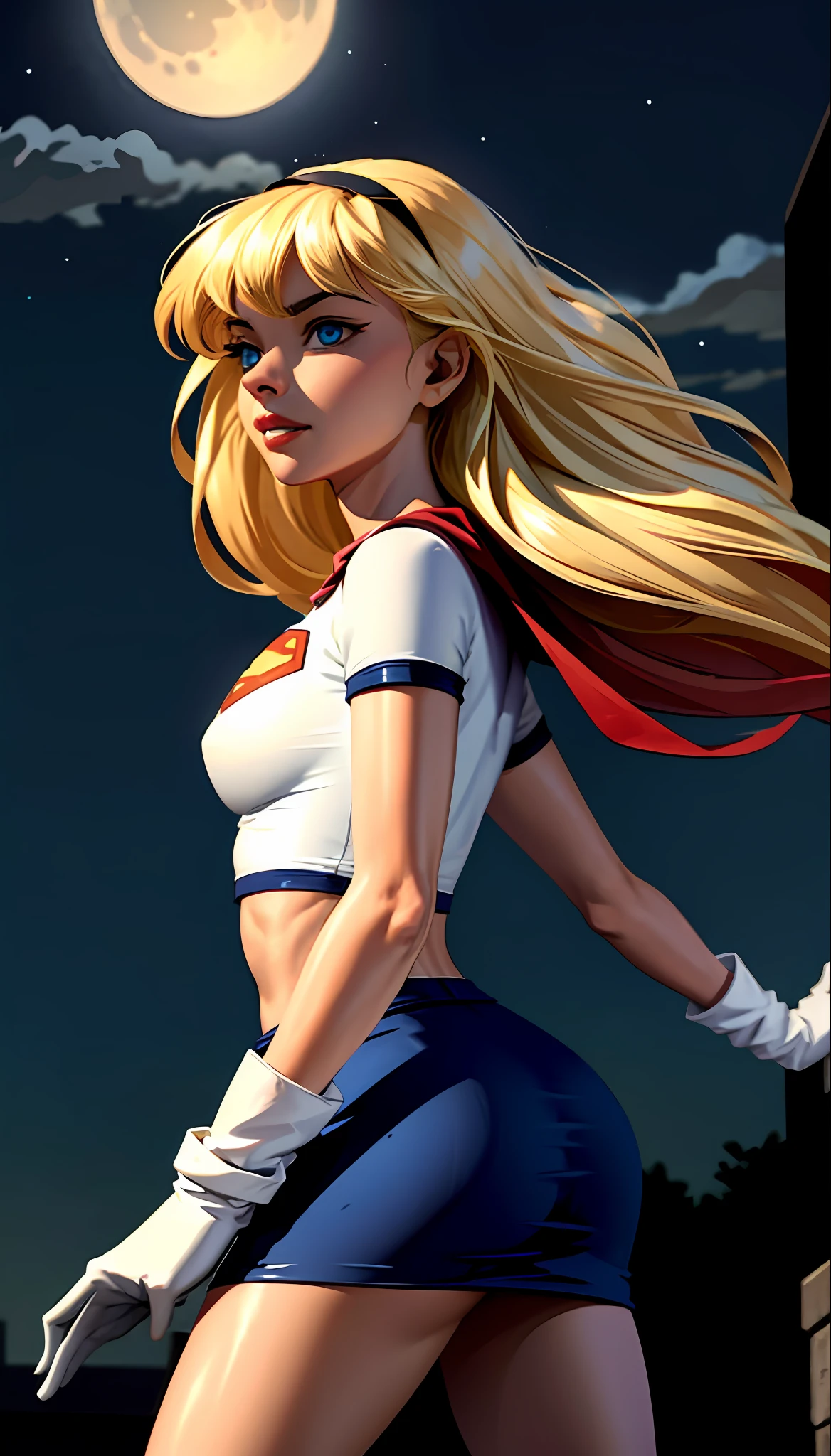 (cowboy shot), SFW, (masterpiece), (best quality: 1.0), (ultra highres: 1.0), detailed eyes,
BREAK
Supergirl, 1girl, long blonde hair, in the air, flying
hair band, \(white\) crop top, short sleeves, cape, blue pencil skirt, gloves, boots
BREAK
(clouds, night sky, full moon, starry sky, stunning view)