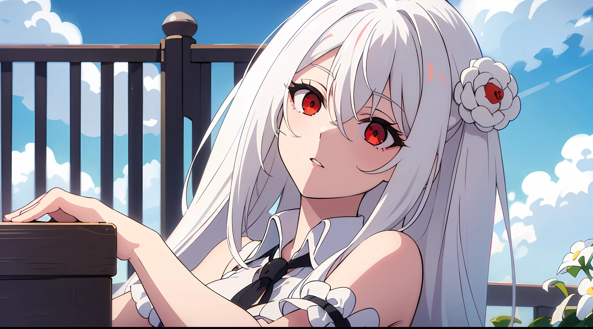 (masterpiece, best quality), ((1girl, (mature), Ninym Ralei, ), (white hair, beautiful hair), (red eyes, beautiful eyes, eye highlights, sharp eyes), (looking at the viewer, white flowers)), ((sky, clouds), fence), (highres, chromatic aberration), (),