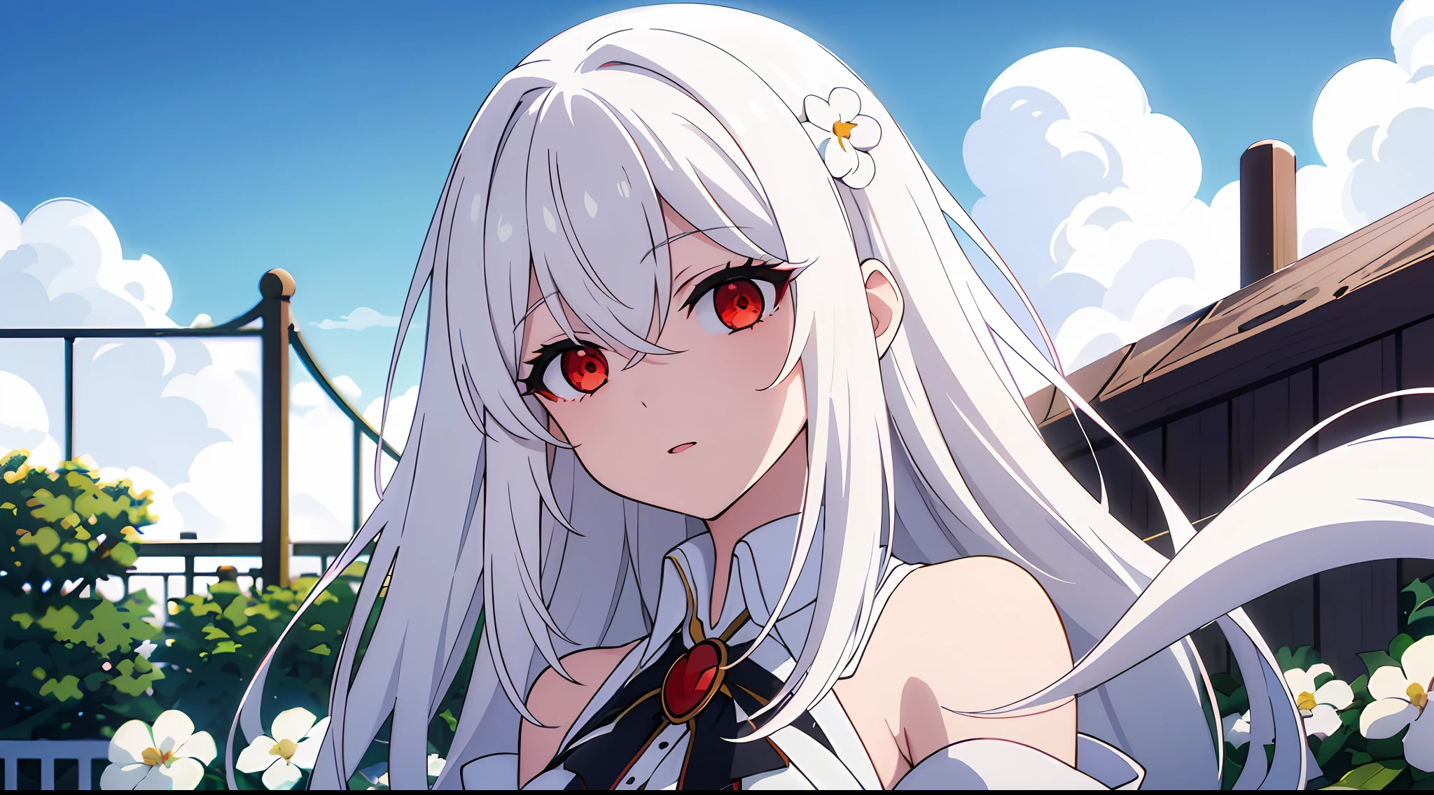 (masterpiece, best quality), ((1girl, (mature), Ninym Ralei, ), (white hair, beautiful hair), (red eyes, beautiful eyes, eye highlights, sharp eyes), (looking at the viewer, white flowers)), ((sky, clouds), fence), (highres, chromatic aberration), (),