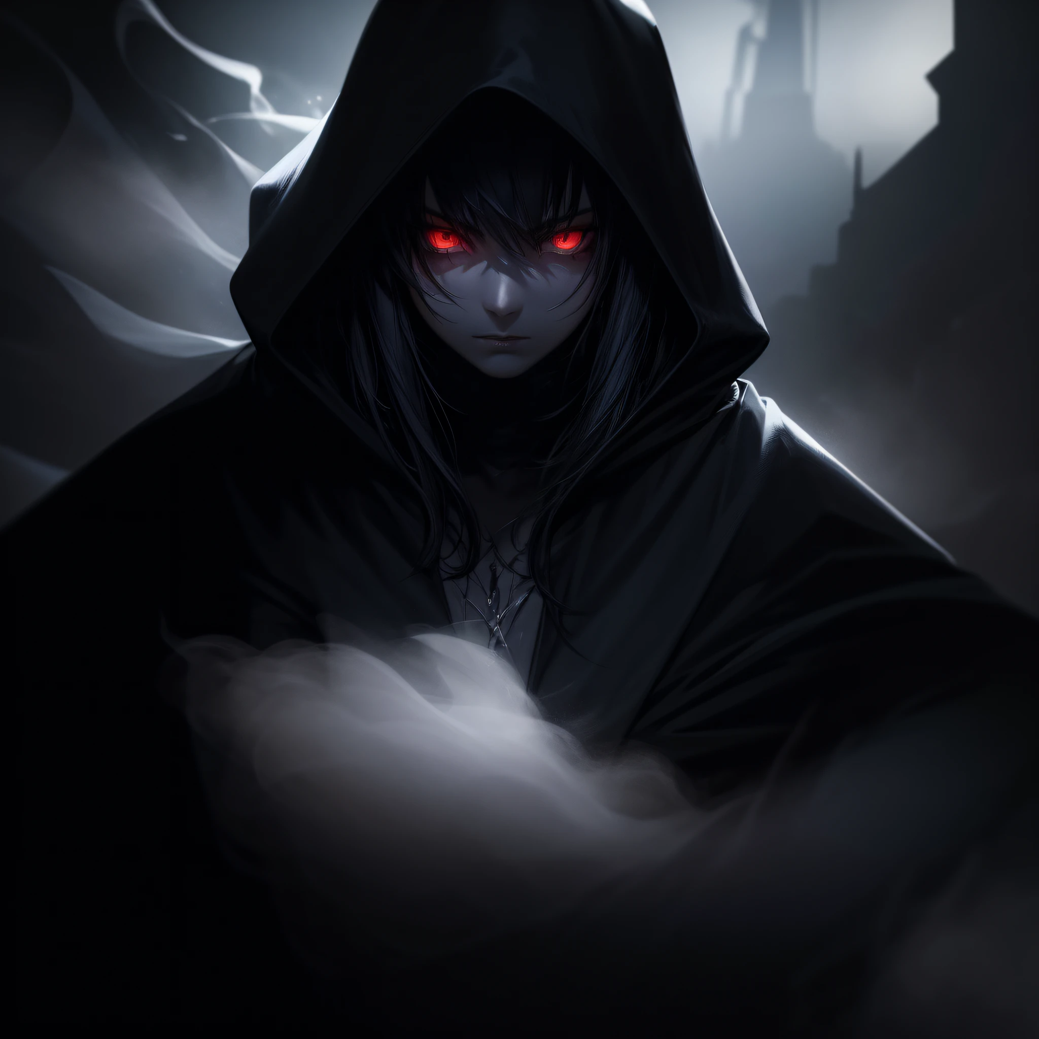 ((Masterpiece)), best quality, ultra-detailed, mysterious figure, dark aura, volumetric light, shadowy cloak, intense gaze, glowing eyes, smoke & fog, dynamic pose, dark & intense colors, dramatic atmosphere.