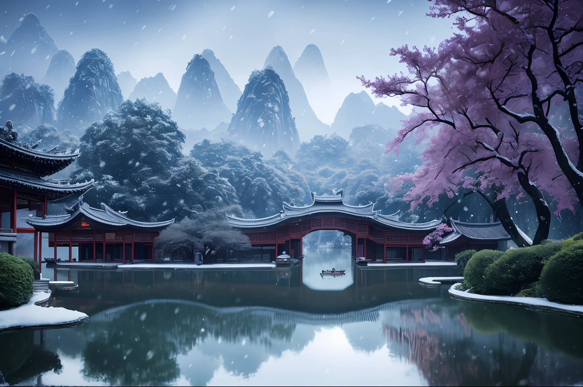 masterpiece, best quality, high quality, extremely detailed CG unity 8k wallpaper, classical chinese garden, scenery, amsterdam, winter,((snowing)),outdoors, sky, day, landscape, water, tree, blue sky, waterfall, nature, lake, river, cloudy sky,award winning photography, Bokeh, Depth of Field, HDR, bloom, Chromatic Aberration ,Photorealistic,extremely detailed, trending on artstation, trending on CGsociety, Intricate, High Detail, dramatic, art by midjourney