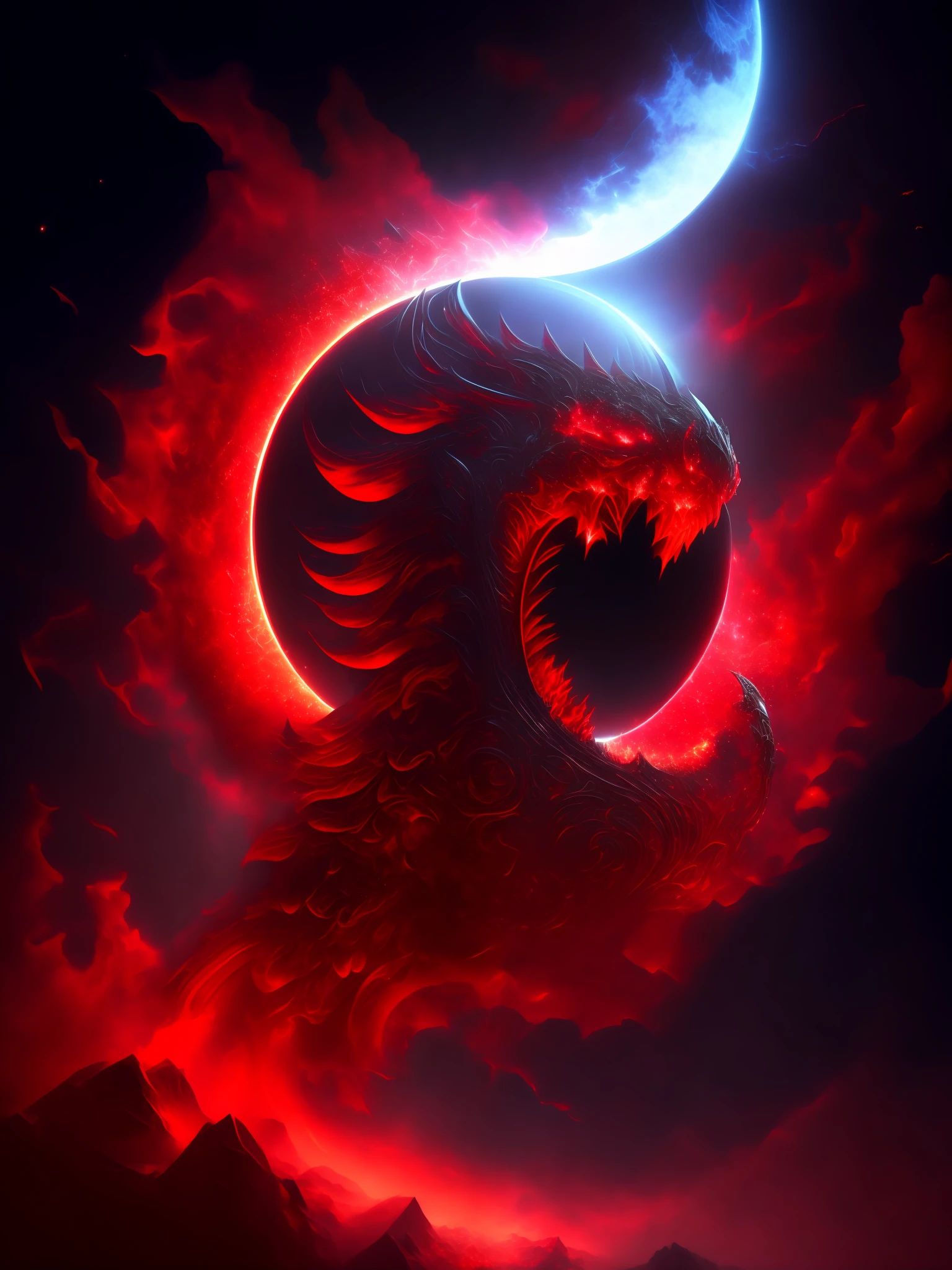 (Masterpiece, High Quality, 8K), Evil God, Heavy Hammer, Roar, Flying Light, Moonlight Background, Red Blood Mist, Fractal Art