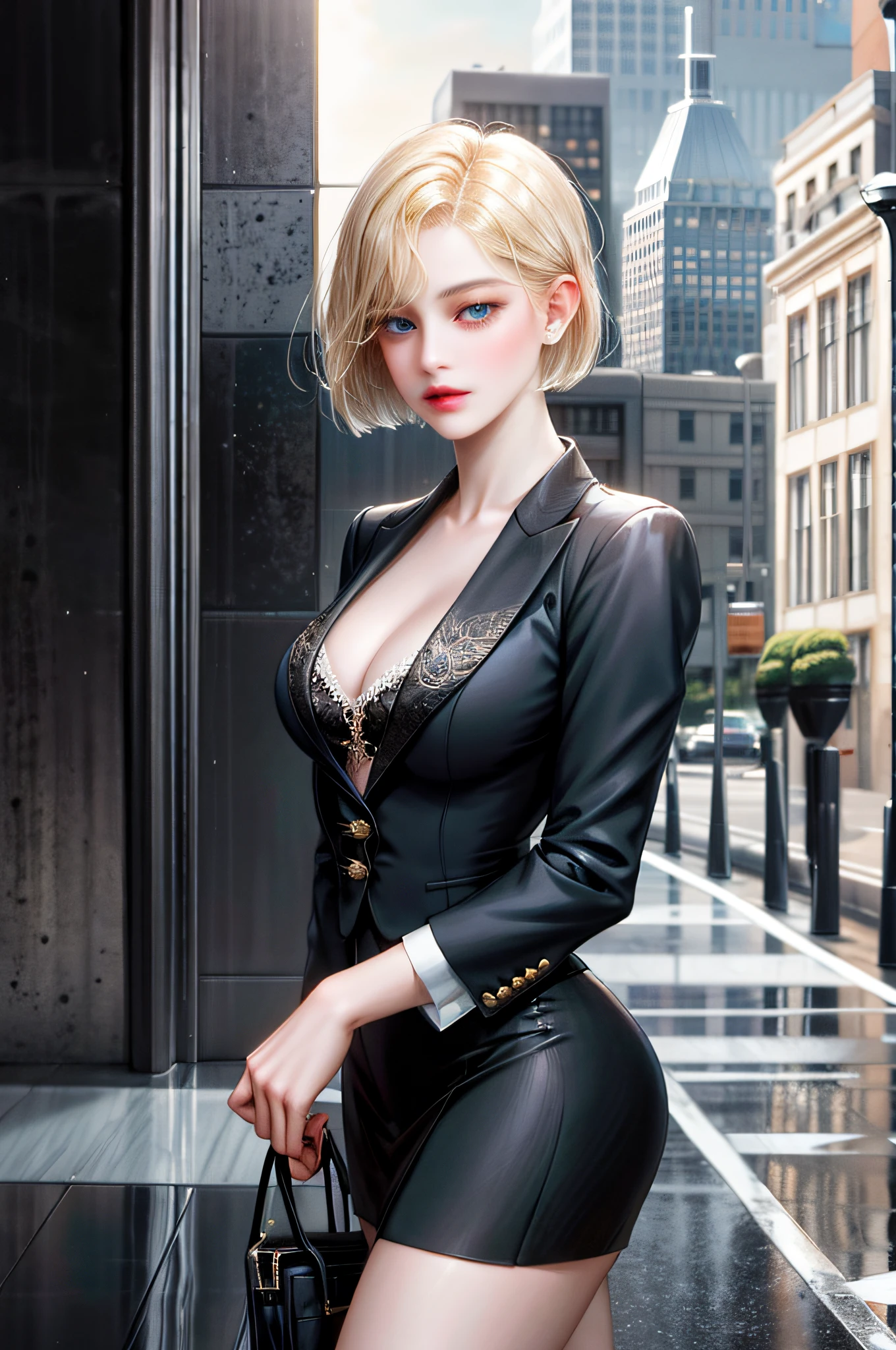 aristocratic young woman, blonde, blue-eyed girl, short cut bob, carrier woman, urban skyscraper street, black suit, jacket front open, cleavage braless areola, mini tight skirt slit,