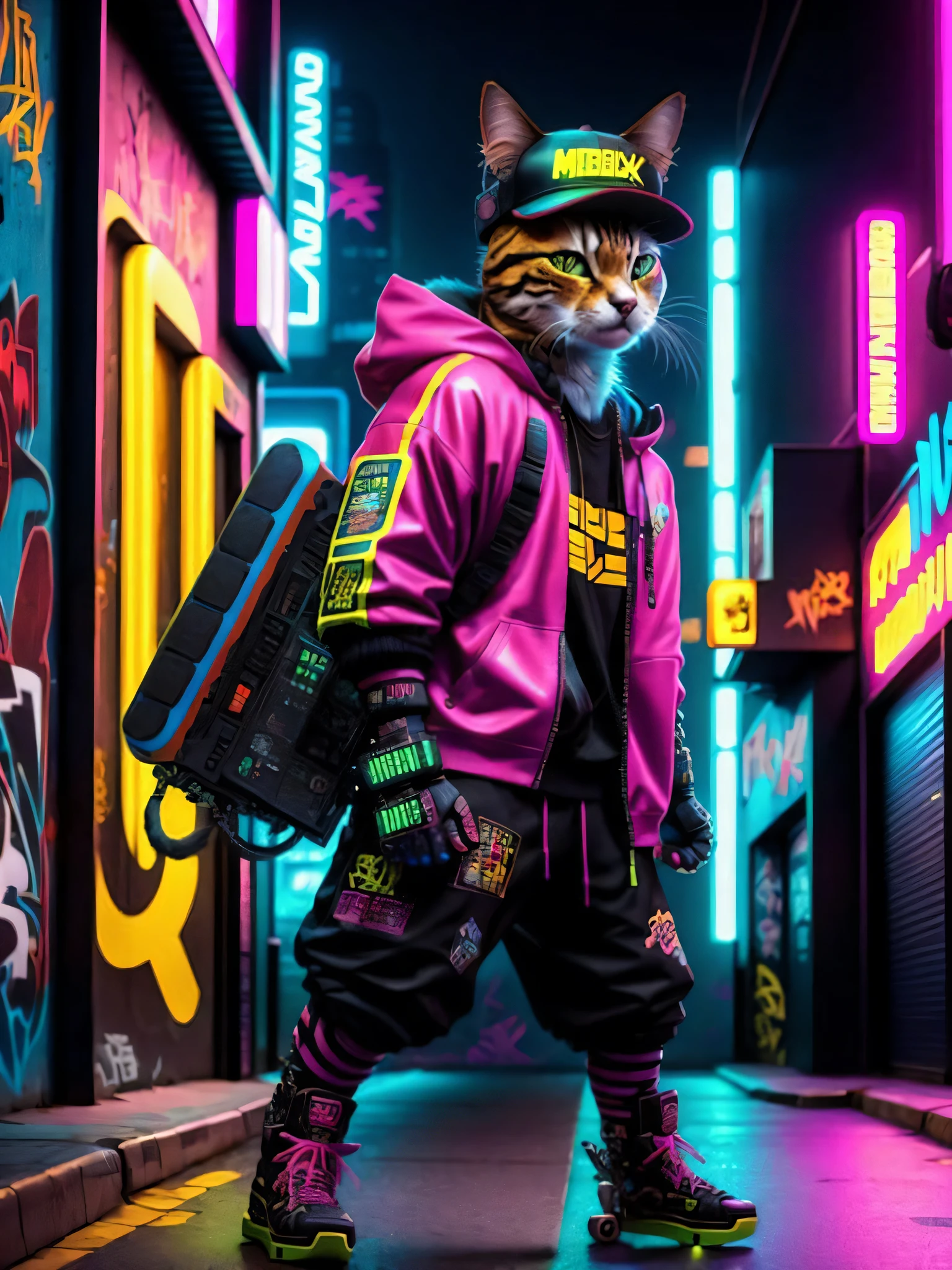 Cyberpunk style, a cat standing on a skateboard, wearing a backwards baseball cap and holding a boombox on its shoulder, confident expression, vibrant colors, graffiti-style background, edgy atmosphere, playful mood, intricate details, high-quality artwork masterful composition + wide-angle 8K resolution + Octane render + Ray-tracing + HDR10