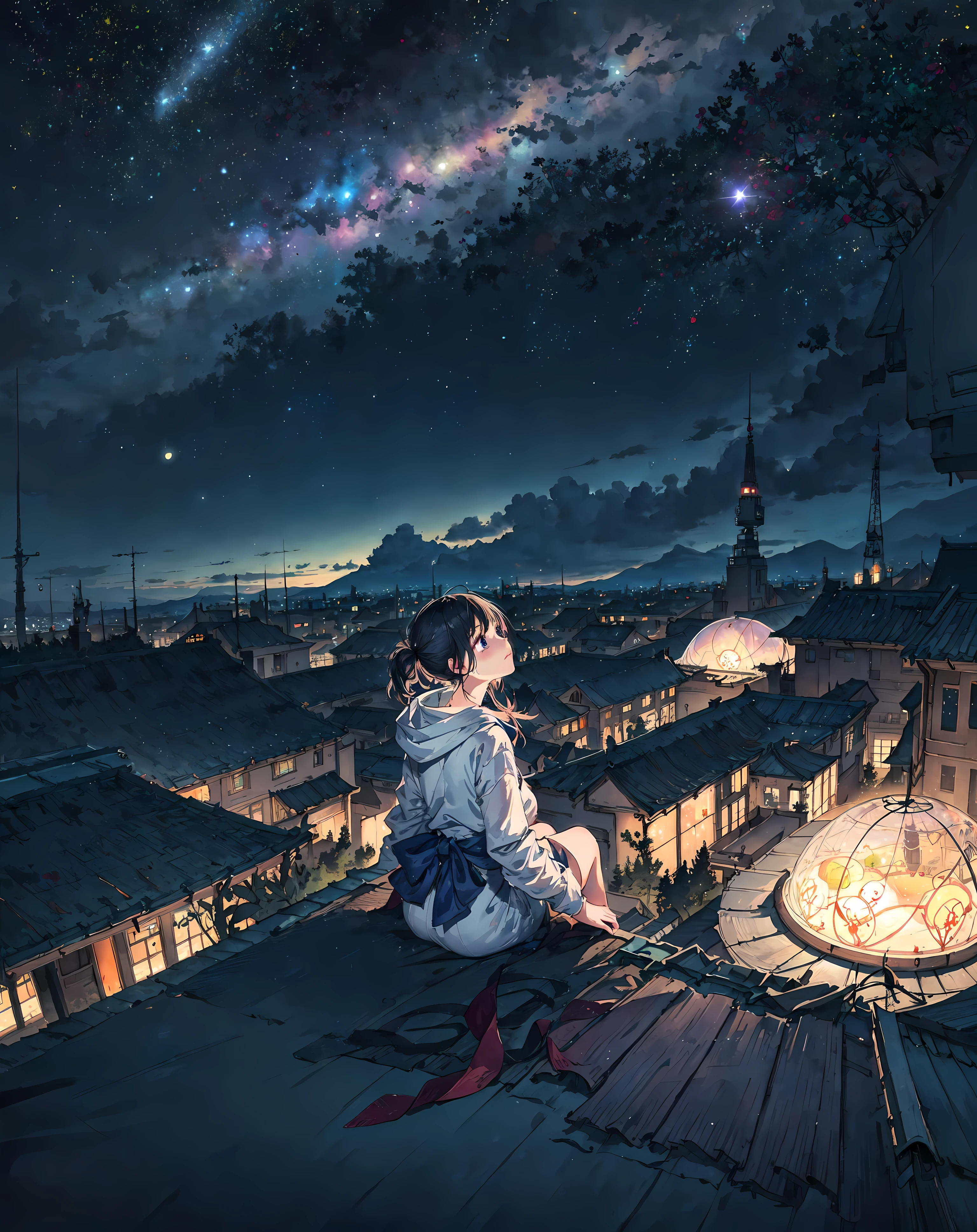 best quality, masterpiece, extremely detailed, detailed background, anime, 1girl, young girl, short girl, sci-fi, science fiction, outdoors, night, starry sky, greenhouse, megastructure, bio-dome, landscape, scenery, horizon, rooftop, sitting on rooftop, wind, looking away, atmospheric lighting, solo focus, close up, from side, depth of field, bokeh