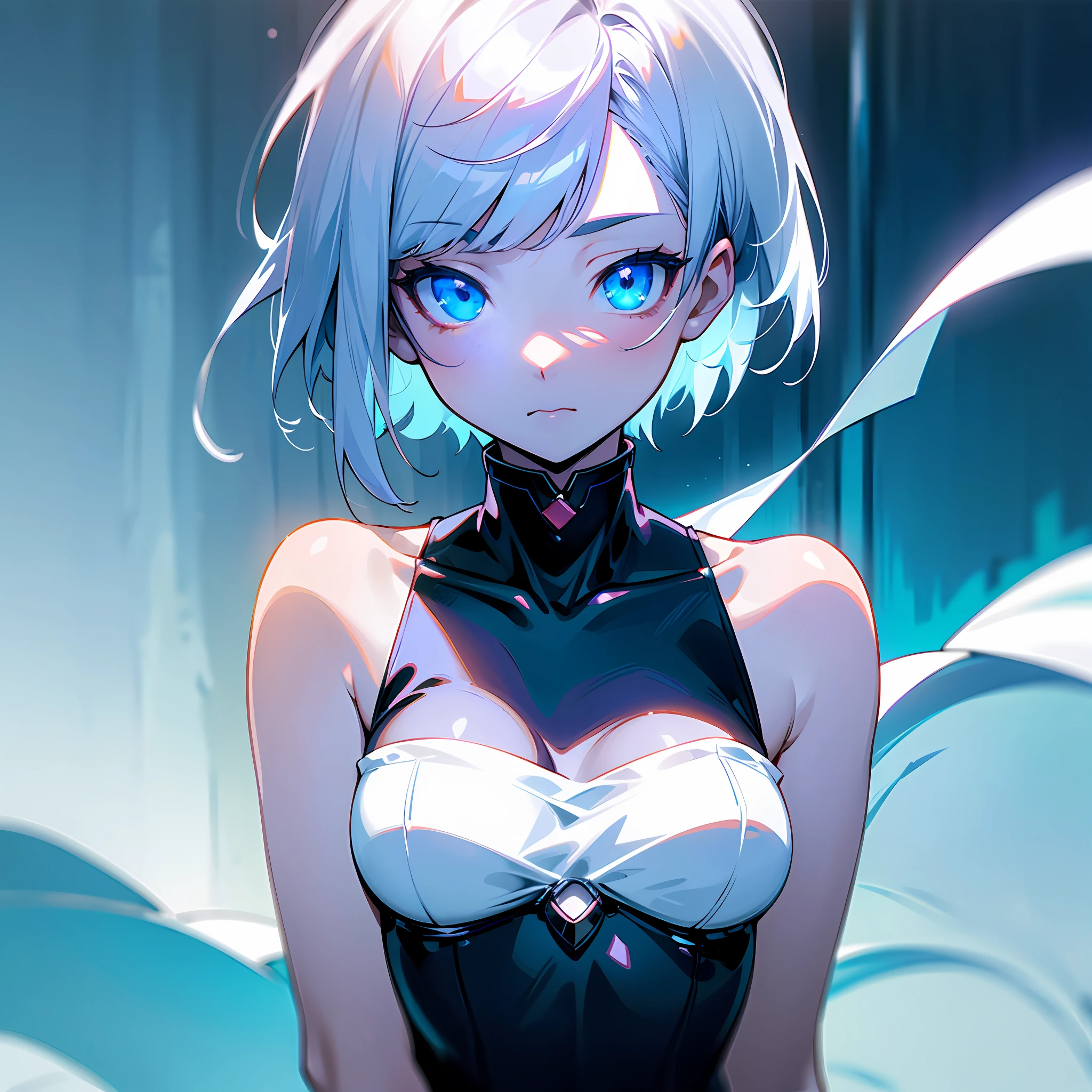white skin, ultra beautiful face, breasts, breasts covering, hentai, ambient light, hentai pessonage, anime, short haired girl, silver white, blue eyes, gorgeous eyes, shy. , Maximum quality.