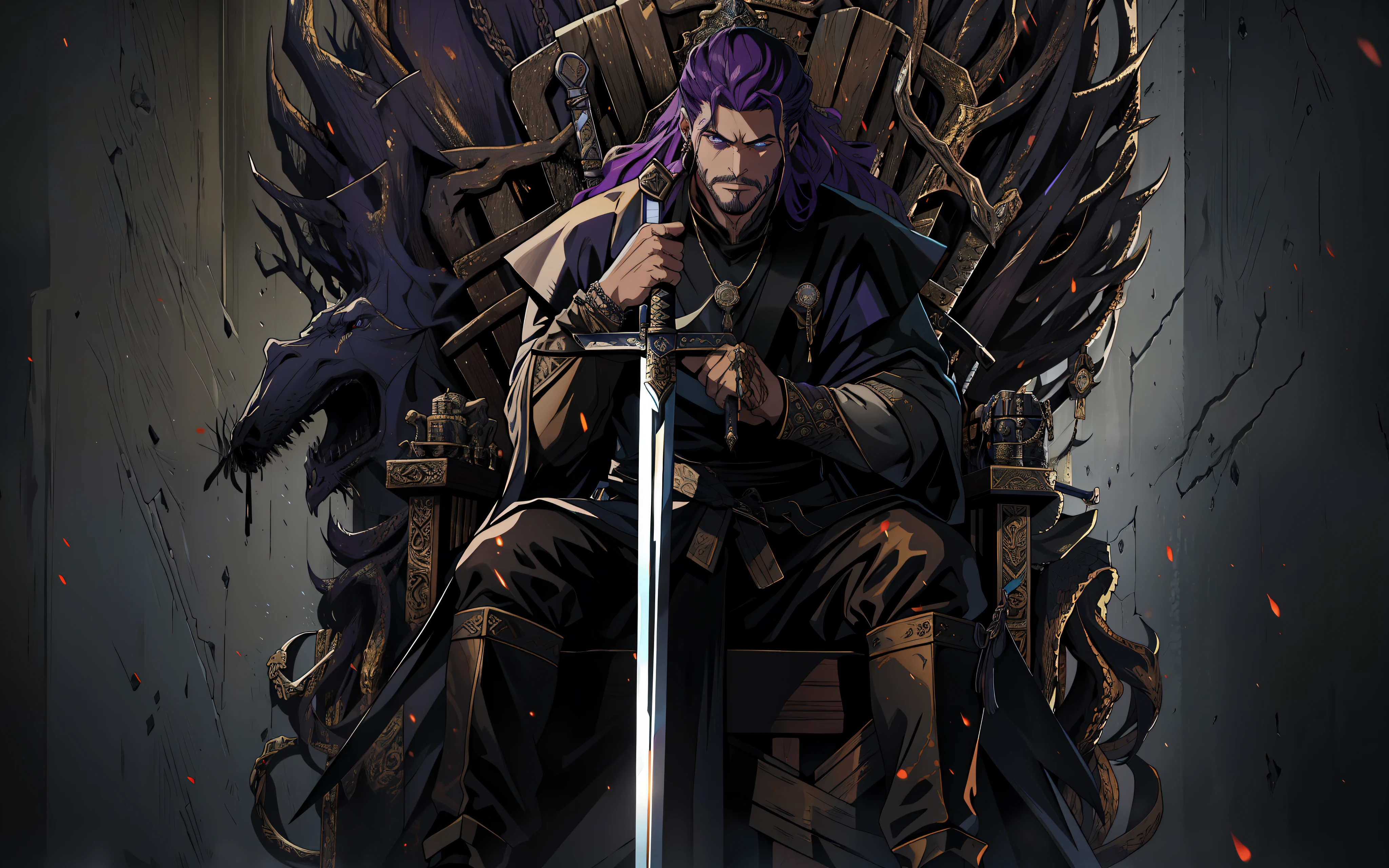 (a 30-year-old man) sitting on a throne made of swords, reminiscent of the famous thrones of the series( Game of Thrones) [".] He is seen full body, with the (camera a little away from where he is sitting), which allows you to view all his imposing bearing [".] (His eyes are a deep purple) and contrast with his (long hair entwined in purple dreads), (which run down his back) [".] His skin is of a brown hue, which highlights his strong and striking features [".] (He's dressed in black, with light fabric clothes that look luxurious.) [".] On his neck and wrists, he wears several gold necklaces and bracelets, which shine against his skin [".] The scenery in which it stands is highly detailed, with an impressive sharpness and realism, thanks to the digital illustration in 4K [".] Several elements are present that indicate a war scene in the age of the Vikings, such as burning ships, soldiers with shields and swords, and smoke [".] The throne on which he is seated is composed of swords, which gives an even more epic and imposing air to his figure [".] (The man holds a long, sharp sword in his right hand), (which has also been drawn in detail with sharpness and realism), and appears to be a Viking sword [".] His smile is mischievous, almost imperceptible, and seems to indicate that he knows secrets that no one else does. He examines his surroundings with a piercing gaze, as if he is always one step ahead of others [".] His purple dreaded hair is an important element of his appearance, and has been designed with care and attention to detail [".] (The sword is also an important part of the drawing), (and was depicted realistically and accurately) [".] The design conveys the feel of an epic battle scene, with a mix of fantasy and story elements [".] The 4K digital illustration allows you to visualize stunning details, such as the textures of the swords that make up the throne and the reflections