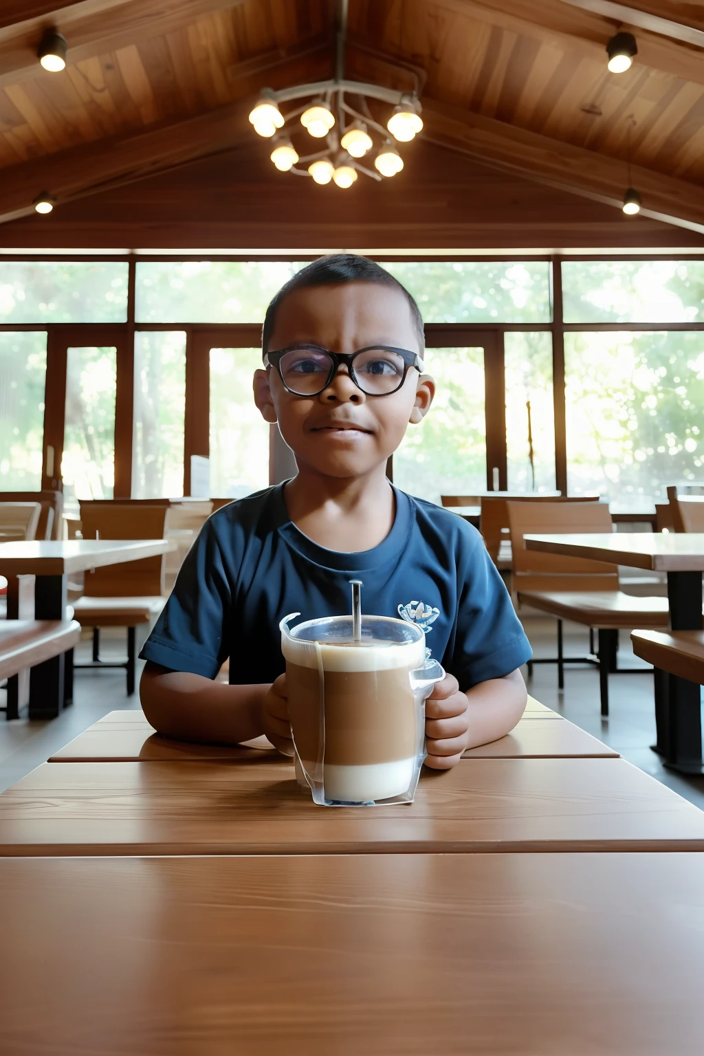 guttonerdvision5, a 3--old wearing glasses, detailed face, on a coffee table, ((coffee cup)), glass with milk, ((French press)), rustic wooden table, ((cafeteria environment with amazing details), ambient light, ceiling with sandblasted glass tiles, sun, intricate, realistic, detailed, professional photography