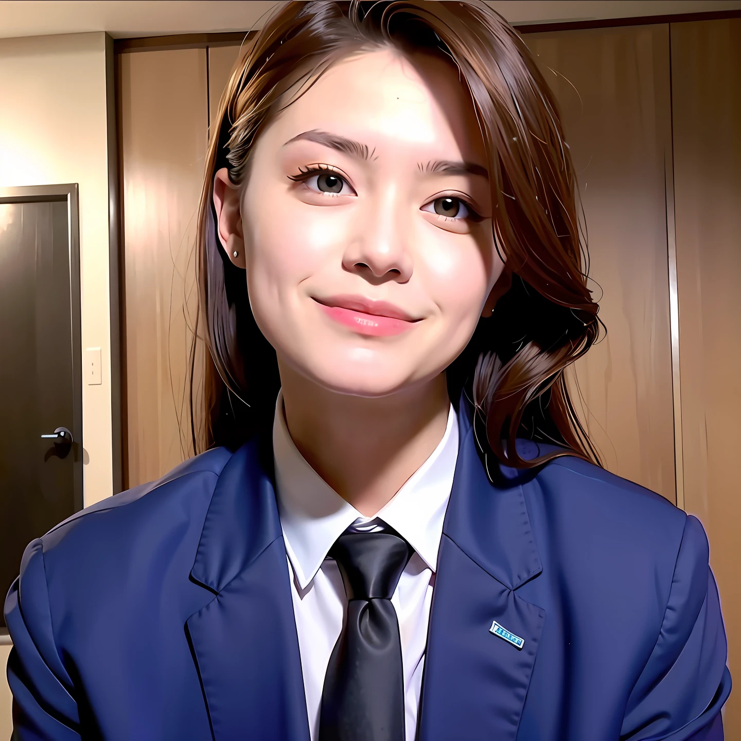 Wearing a suit. Interviewer. Facing the front. Woman.