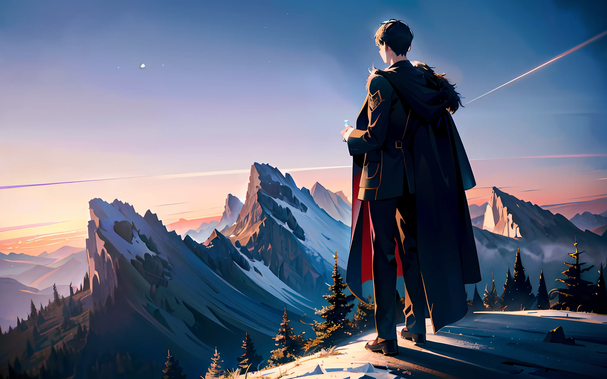 (an artistic photograph of a boy), full-body photo, centered, (extremely detailed: 1.2), (on top of a mountain facing him a beautiful city :1.1), hyper-detailed, (soft lighting: 1.2), high-resolution, film grain.