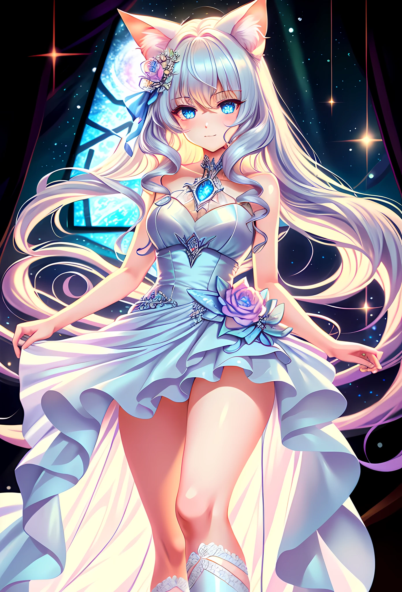 {Sunaookami Shiroko:1.4} {{{{masterpiece, extremely detailed, intricate details, soft focus, 8K, highres, depth of field, absurdres, high quality facial shadowing, dynamic shadowing, extreme shaders, cinematic lighting, perfect lighting, soft lighting, hazy lighting, blurry foreground, lens flare}}}}, best quality, asian qualities, {facing viewer}, {front view}, {solo}, {beautiful young girl:1.3}, {{high school girl}}, {{{extremely detailed girl, perfect anatomy, perfect body}}}, {{{{beautiful-detailed luscious knee-length glossy reflective dark-silver hair}}}}, {{{luscious multi-layered curly hair}}}, {{{hair splayed out}}}, {{{{beautiful-detailed cat ears}}}}, {{beautiful-detailed facial structure}}, {detailed beautiful face:1.3}, {{sexy face}}, {{cute face}}, slender facial structure {{detailed face:1.33}}, {beautiful-detailed eyes:0.7}, big eyes, {detailed bright blue eyes1.33}, {{{{high-detailed glowing blue topaz eyes}}}}, {extremely-detailed sharp cat eye white pupils}, {vibrant eye colors:0.7}, {beautiful-detailed small boobs}, {breast apart}, {slim arms}, {beautiful-detailed fingers:1.33}, {{slim waist}}, {slim thighs:1.33}, {slim legs1.2}, {{{beautiful-detailed delicate legs}}}, {{detailed red blush}}, {{beautiful-detailed cute shy expression}}, elegant evening dress, {{{{beautiful-detailed cute white choker}}}}, {{{beautiful-detailed pure white strapless high-slit evening dress}}}, {{{detailed white waist length stockings}}}, {{{beautiful-detailed thick fluffy white high heels}}}, winter night, {enhanced-background:3}, {{{detailed background}}}, {{{{standing in a dance hall at night with snow falling outside the window}}}}, {close up of person:2}, {one hand behind back:2}, {hand resting on lap:1.33}, nsfw, lewd
