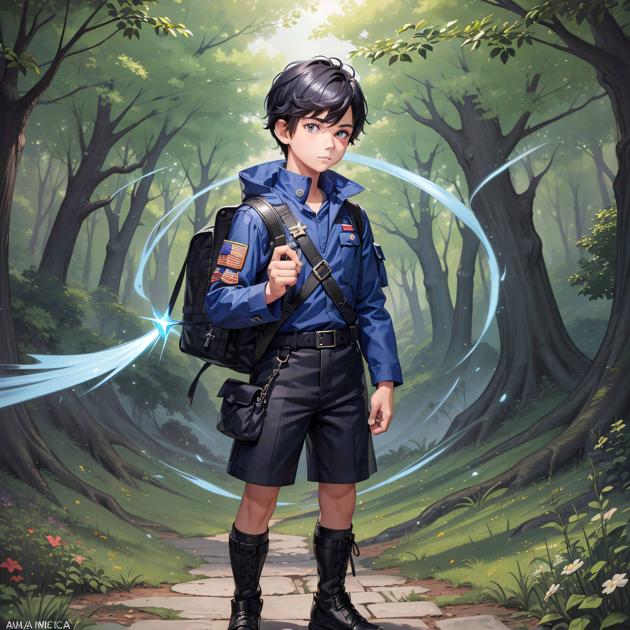 (((little american boy male character)))), back, children's book illustration style, simple, cute full color, blue shirt, black jacket, navy blue shorts, black leather shoes, flat color, black explorer's backpack, (((black hair army soldier's cut)))), (((World-Explorer Boy (8 years)))): He is an adventurous boy, full of energy and imagination. Your special ability is to find magical portals that take you to different worlds. He is the leader of the group, always enthusiastic to discover new adventures and unravel mysteries. (((American Soldier Style))) --no outline