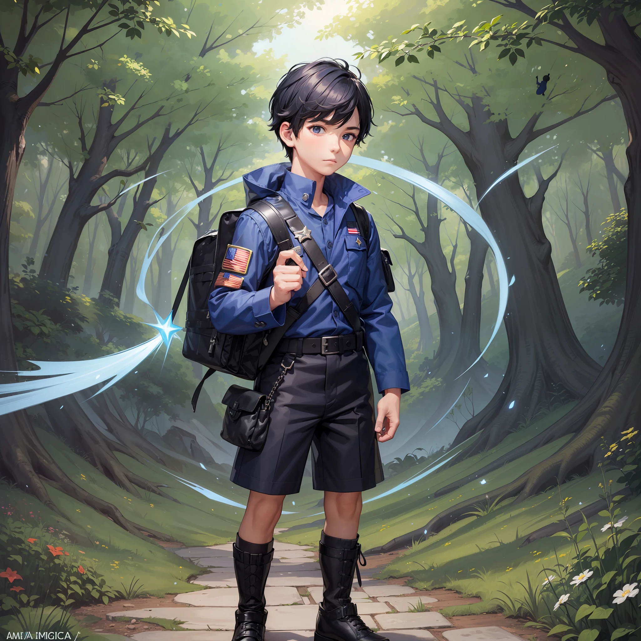 (((little american boy male character)))), back, children's book illustration style, simple, cute full color, blue shirt, black jacket, navy blue shorts, black leather shoes, flat color, black explorer's backpack, (((black hair army soldier's cut)))), (((World-Explorer Boy (8 years)))): He is an adventurous boy, full of energy and imagination. Your special ability is to find magical portals that take you to different worlds. He is the leader of the group, always enthusiastic to discover new adventures and unravel mysteries. (((American Soldier Style))) --no outline