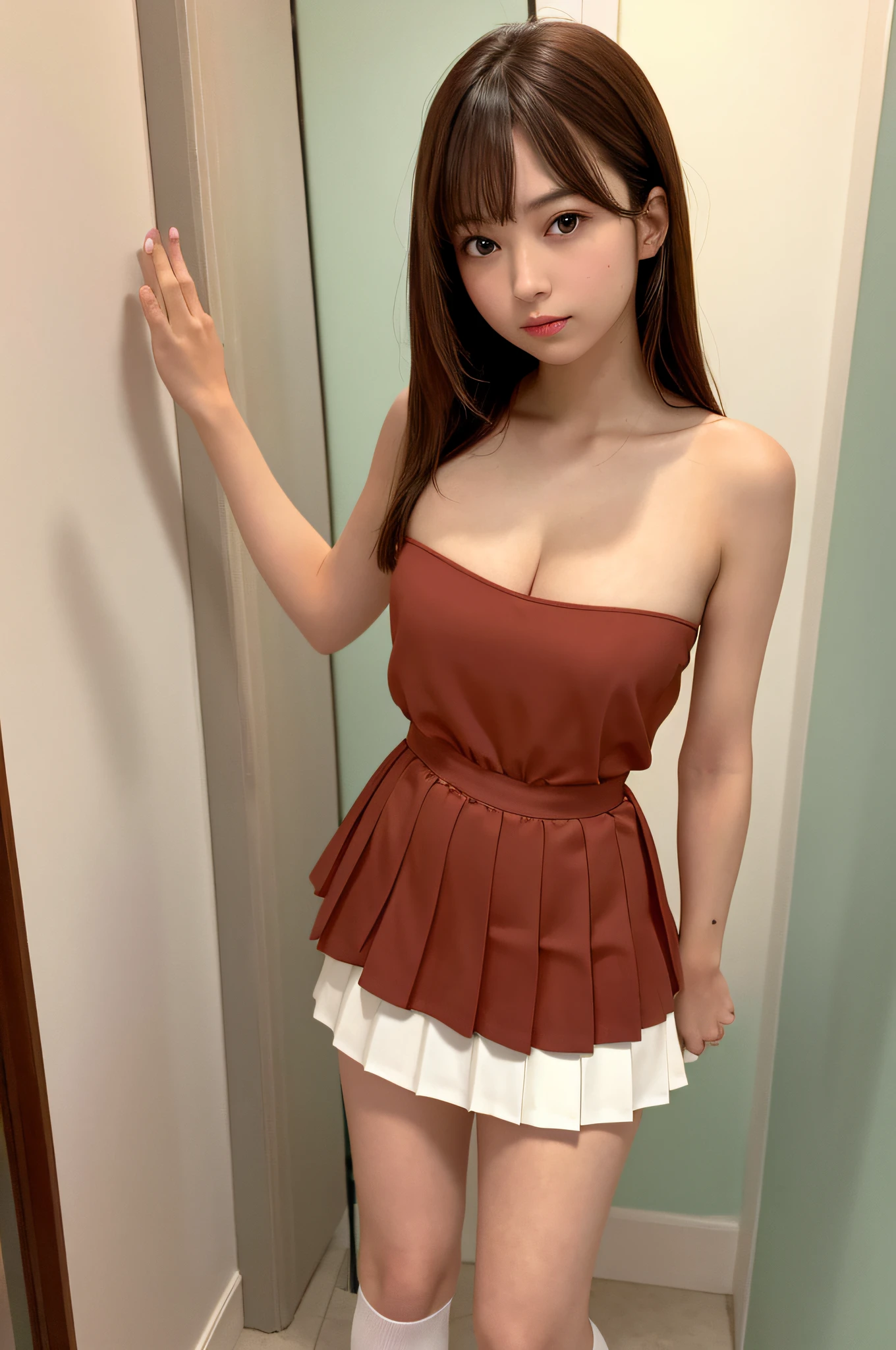 masterpiece, best quality, 1girl, young, brown eyes, long light brown hair, (nice leg line: 1.3), thin waist, medium breasts, menstruating, menstrual blood running down the buttocks, using sanitary napkin, transparent panties, white pleated skirt dress, tie, high heels, bathroom, depth of field, looking at the viewer, squat, back, full body, legsupsexm