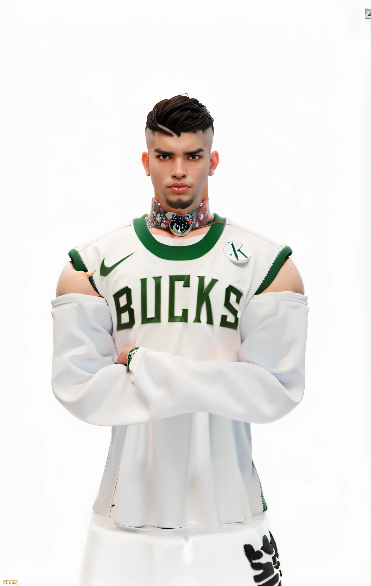 (8k, best quality, masterpiece:1.2), (realistic, photorealistic:1.37), ultra-detailed,best quality, ultra high resolution, professional lighting, photon mapping, radiosity, physically-based rendering, cinematic lighting, basketball court, depth of field, sharp focus, sunbeam, good composition, (bokeh: 1.2) 1 girl, solo, (full body), (mouth closed), beautiful detailed eyes, pose, narrow waist, basketball uniform, Black hair, messy hair, long hair floating in the wind, goatee (ulzzang-6500:1.2) mix4, hiqcgbody