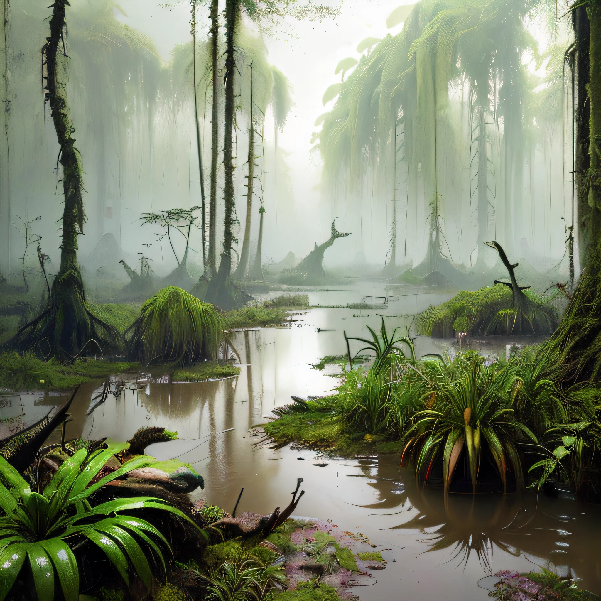 stalenhag, (dense alien jungle swamp:1.3), many strange unusual rainbow flowers, old destroyed parts rust atom nuclear, sci-fi, knots colorfully raw surface, smooth round shapes, hdr, 8k, 4k, octane renderer, huge detailed, artstation