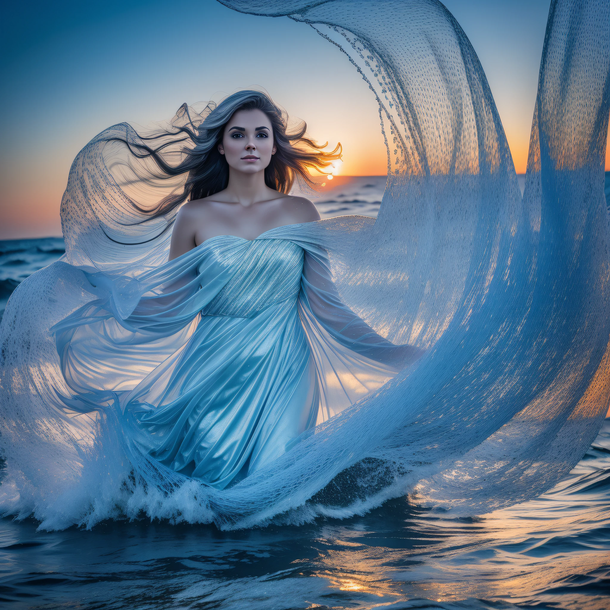 {{ masterpiece}}, better quality, woman shrouded in blue and silver light floating on the waves of the sea at dusk