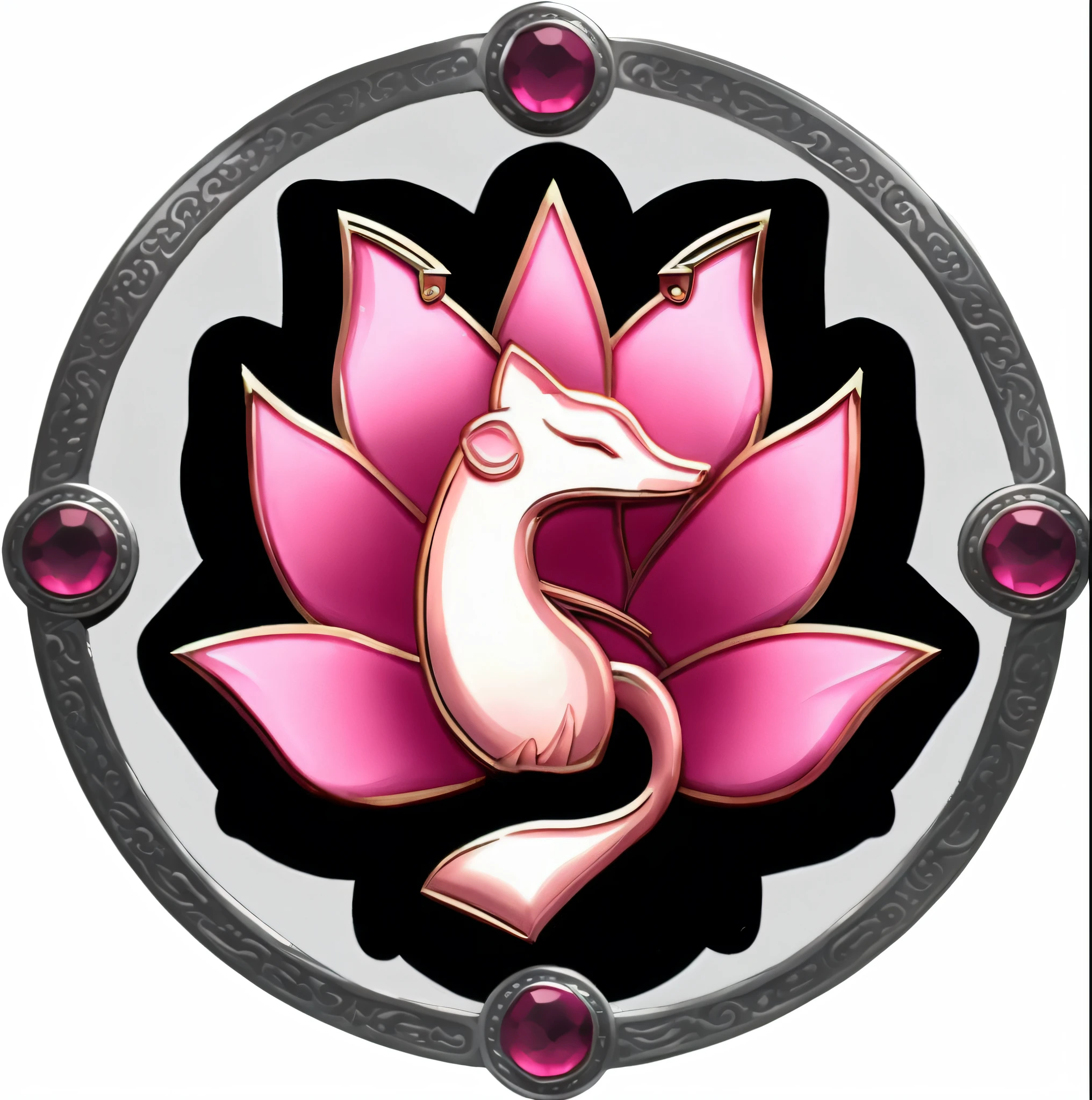 a close up of a pink and white flower with a dragon on it, lotus, pink lotus queen, pink fox, mizutsune, pink zen style, emblem of wisdom, with lotus flowers, fantasy game spell symbol, logo without text, nine tails, fox nobushi, ajna chakra, ryuu, inspired by Shūbun Tenshō, mew