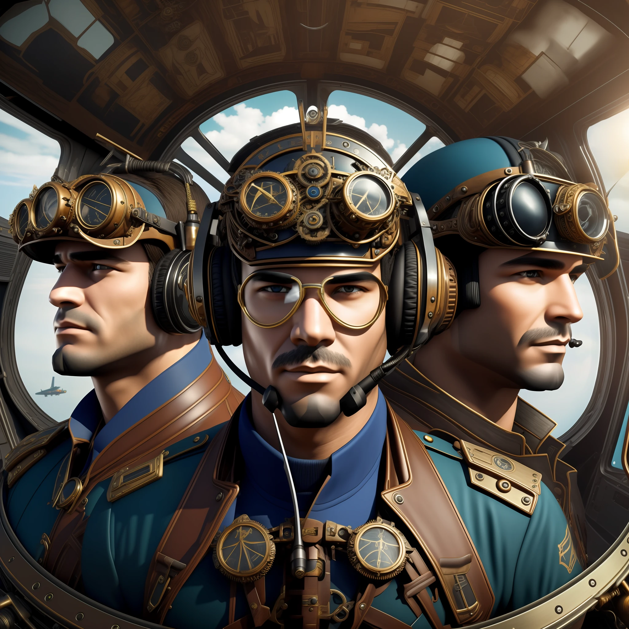 ((Highest image quality, extreme detail)), (x1.1: steampunk), three male pilots, wearing land-air headsets, in the A320 cockpit, Eastern Airlines logo, exquisite eye and face details. Side stick, the plane takes off.
