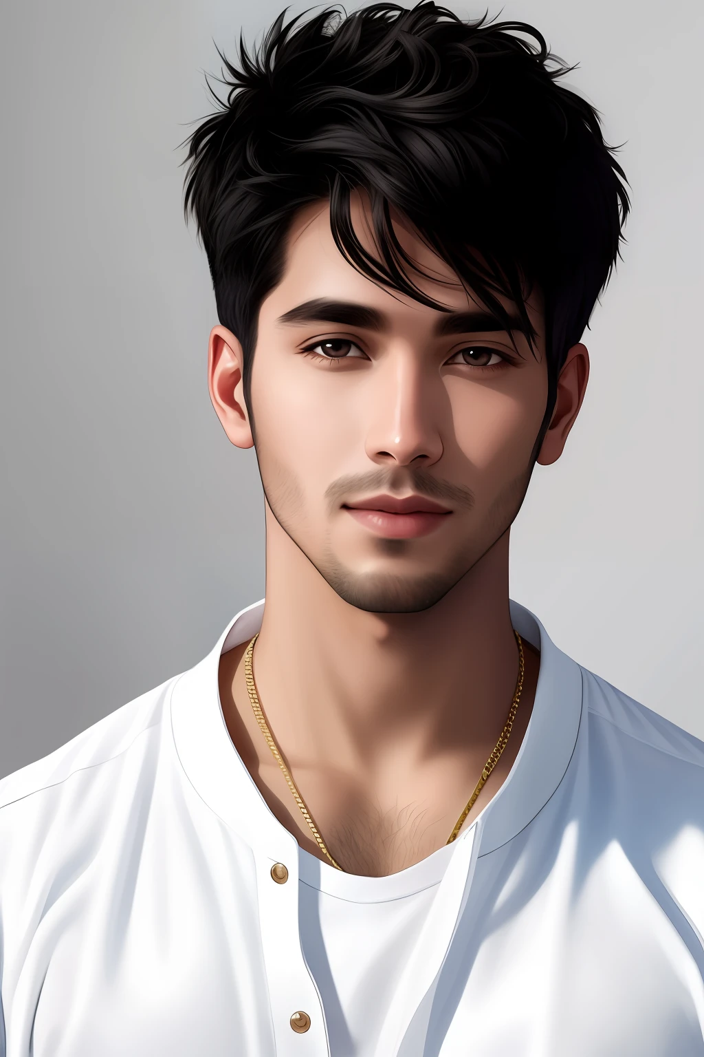 A realistic portrait of a man, 26 years old, a pop star, black hair, white skin