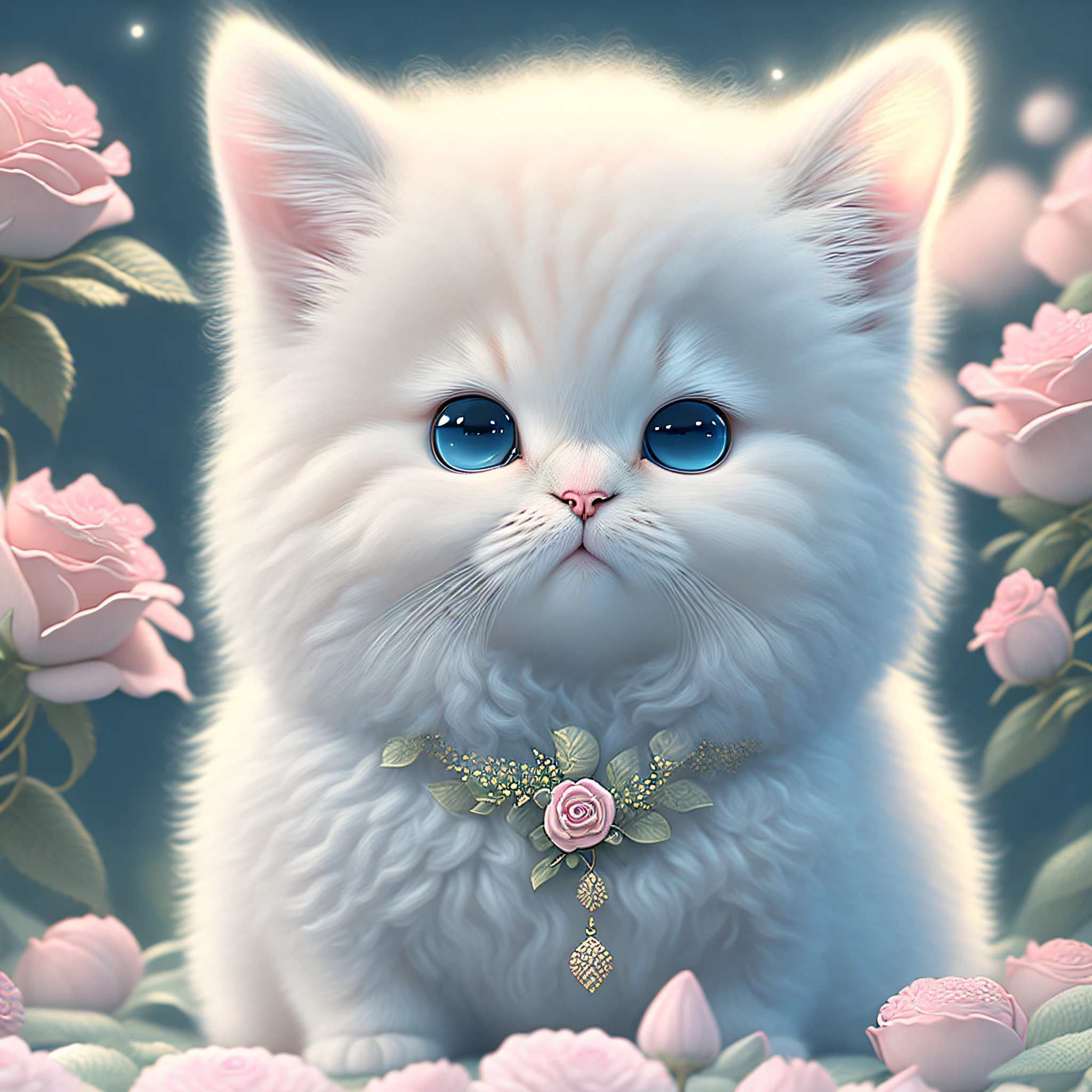 In this ultra-detailed CG art, the adorable kitten surrounded by ethereal roses, best quality, high resolution, intricate details, fantasy, cute animals