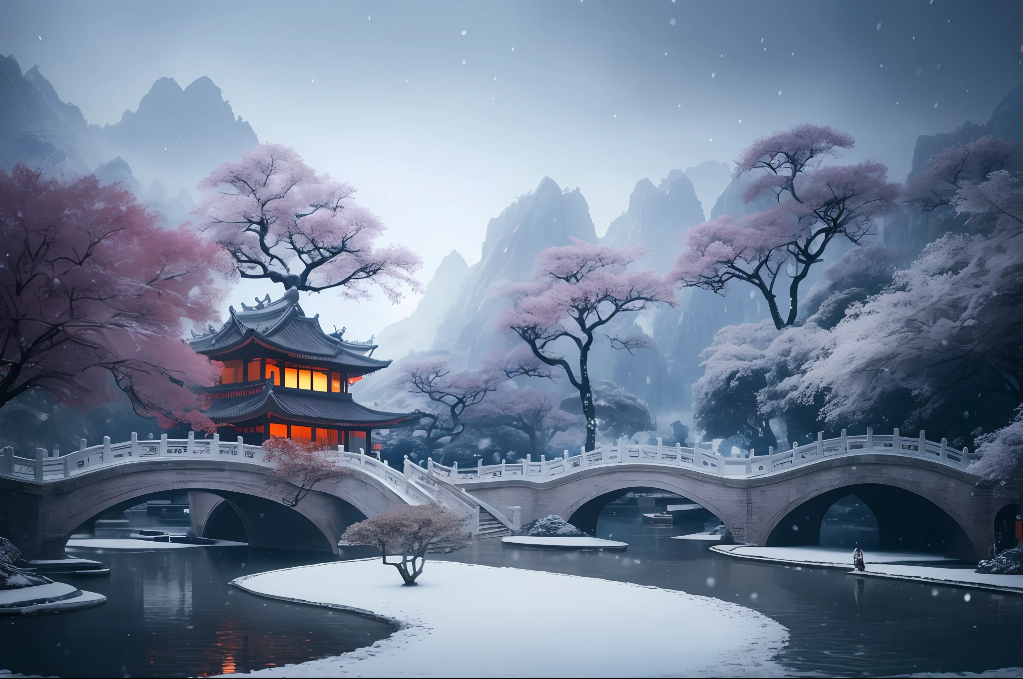 masterpiece, best quality, high quality, extremely detailed CG unity 8k wallpaper, classical chinese garden, scenery, amsterdam, winter,((snowing)),outdoors, sky, day, landscape, water, tree, blue sky, waterfall, nature, lake, river, cloudy sky,award winning photography, Bokeh, Depth of Field, HDR, bloom, Chromatic Aberration ,Photorealistic,extremely detailed, trending on artstation, trending on CGsociety, Intricate, High Detail, dramatic, art by midjourney