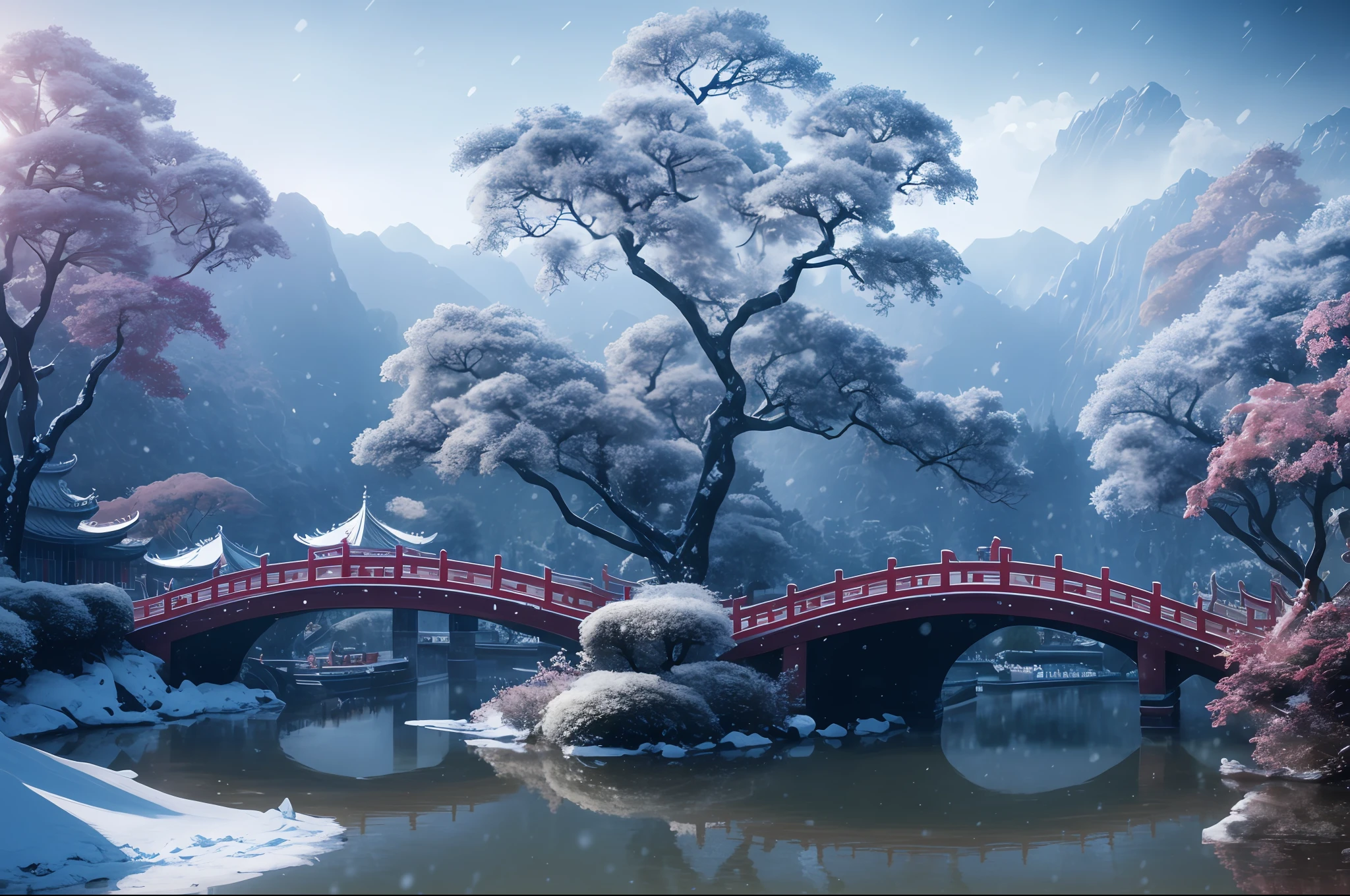 masterpiece, best quality, high quality, extremely detailed CG unity 8k wallpaper, classical chinese garden, scenery, amsterdam, winter,((snowing)),outdoors, sky, day, landscape, water, tree, blue sky, waterfall, nature, lake, river, cloudy sky,award winning photography, Bokeh, Depth of Field, HDR, bloom, Chromatic Aberration ,Photorealistic,extremely detailed, trending on artstation, trending on CGsociety, Intricate, High Detail, dramatic, art by midjourney