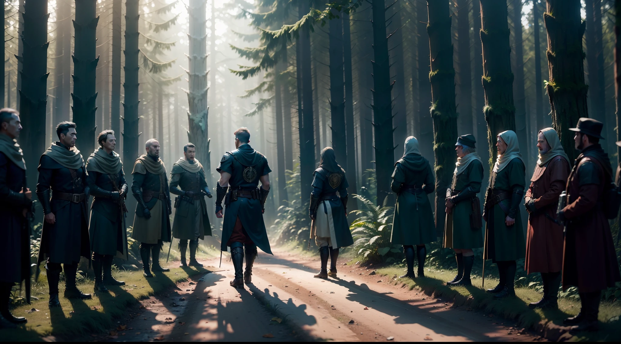 best quality, 500px, cgsociety, 8k, raw photo of (beautiful: 1.2), ten guards, ten real guards in the forest, n, road, full body path, ambient light, backlight, volumetric lighting, realistic, realistic lighting, cinematic lighting, depth of field, sharp focus, (high contrast: 1.2), (film grain), standing