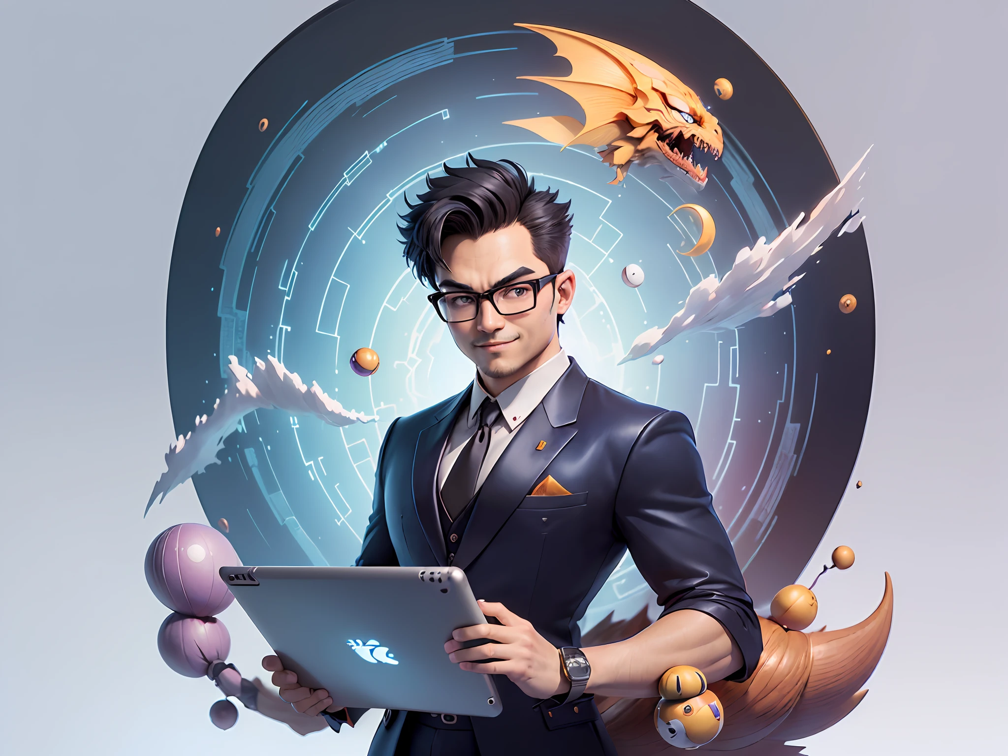 (((Masterpiece), (Excellent), (Super Meticulous), (Full Body: 1.2), Super Young Man, Oriental Face, Japanese Wind and Thunder God, Dragon, Tiger, TV Anchor, Bust Portrait Illustration, Alone, Black Formal Suit, Blue Tie, Slightly Chubby Face, Silver Glasses Face Very Clean No Beard, Black Super Short Hair, Black Eyes, Confident Smile, 3c Computer Sub-Products, iPad, iPhone, Digital Painting, 3D Character Design by Akira Toriyama and Mark Claireden and Pixar and Hayao Miyazaki, The illustration is a high-definition illustration in 4K resolution with very detailed facial features and cartoon-style visuals.