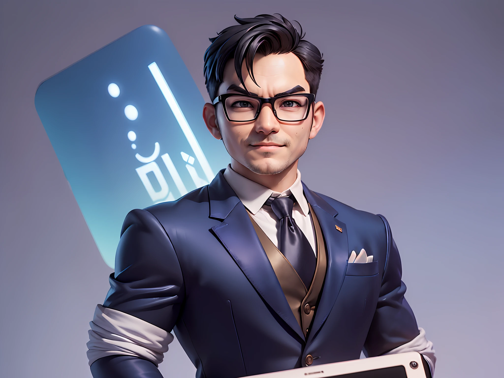 (((Masterpiece), (Excellent), (Super Meticulous), (Full Body: 1.2), Super Young Man, Oriental Face, Japanese Wind and Thunder God, Dragon, Tiger, TV Anchor, Bust Portrait Illustration, Alone, Black Formal Suit, Blue Tie, Slightly Chubby Face, Silver Glasses Face Very Clean No Beard, Black Super Short Hair, Black Eyes, Confident Smile, 3c Computer Sub-Products, iPad, iPhone, Digital Painting, 3D Character Design by Akira Toriyama and Mark Claireden and Pixar and Hayao Miyazaki, The illustration is a high-definition illustration in 4K resolution with very detailed facial features and cartoon-style visuals.