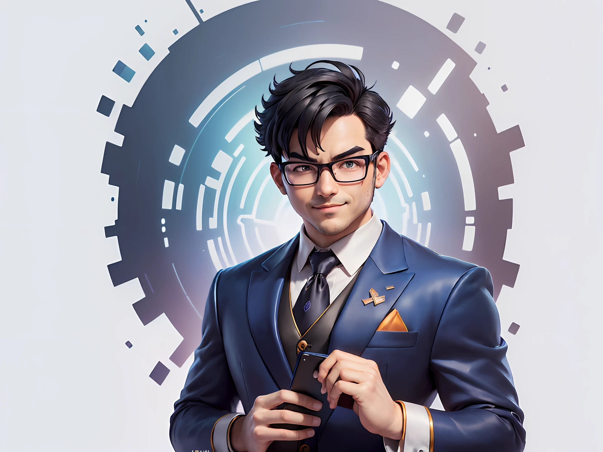 (((Masterpiece), (Excellent), (Super Meticulous), (Full Body: 1.2), Super Young Man, Oriental Face, Japanese Wind and Thunder God, Dragon, Tiger, TV Anchor, Bust Portrait Illustration, Alone, Black Formal Suit, Blue Tie, Slightly Chubby Face, Silver Glasses Face Very Clean No Beard, Black Super Short Hair, Black Eyes, Confident Smile, 3c Computer Sub-Products, iPad, iPhone, Digital Painting, 3D Character Design by Akira Toriyama and Mark Claireden and Pixar and Hayao Miyazaki, The illustration is a high-definition illustration in 4K resolution with very detailed facial features and cartoon-style visuals.