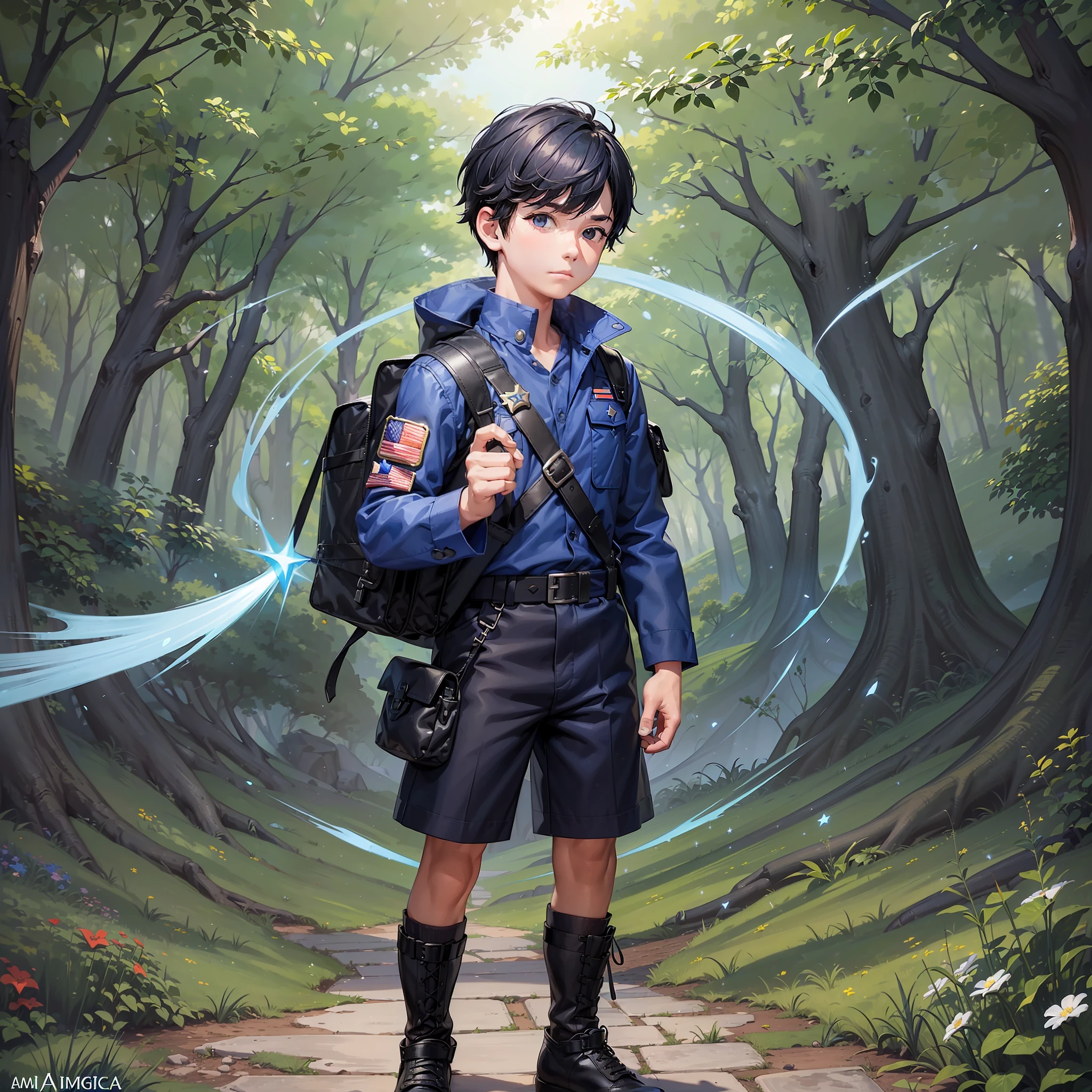 (((little american boy male character)))), back, children's book illustration style, simple, cute full color, blue shirt, black jacket, navy blue shorts, black leather shoes, flat color, black explorer's backpack, (((black hair army soldier's cut)))), (((World-Explorer Boy (8 )))): He is an adventurous boy, full of energy and imagination. Your special ability is to find magical portals that take you to different worlds. He is the leader of the group, always enthusiastic to discover new adventures and unravel mysteries. (((American Soldier Style))) --no outline