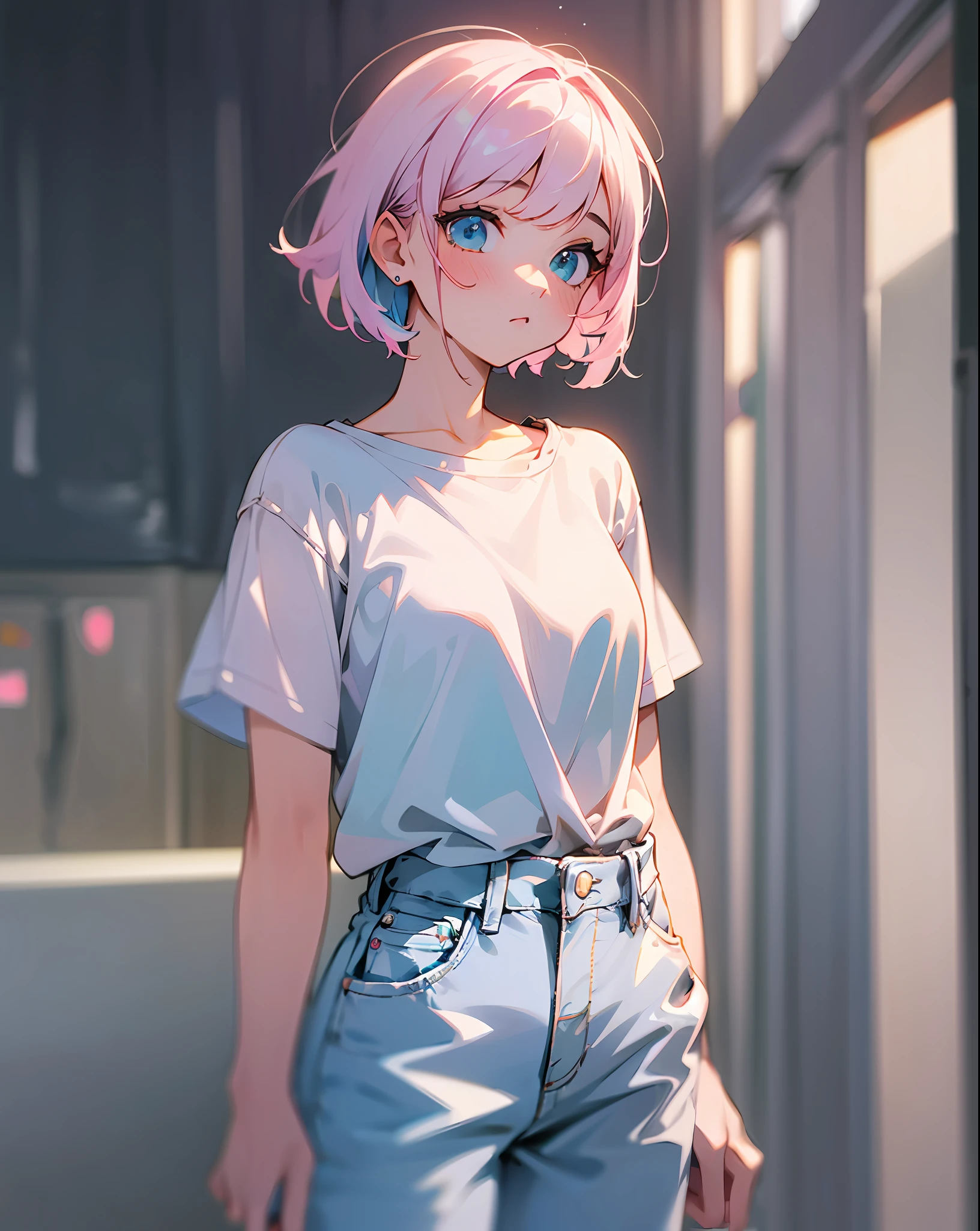 (best quality, masterpiece), 1girl, blurred background, upper body, contemporary, girl with pastel pink and short hair, white blouse and pantaloon blue jeans --auto --s2