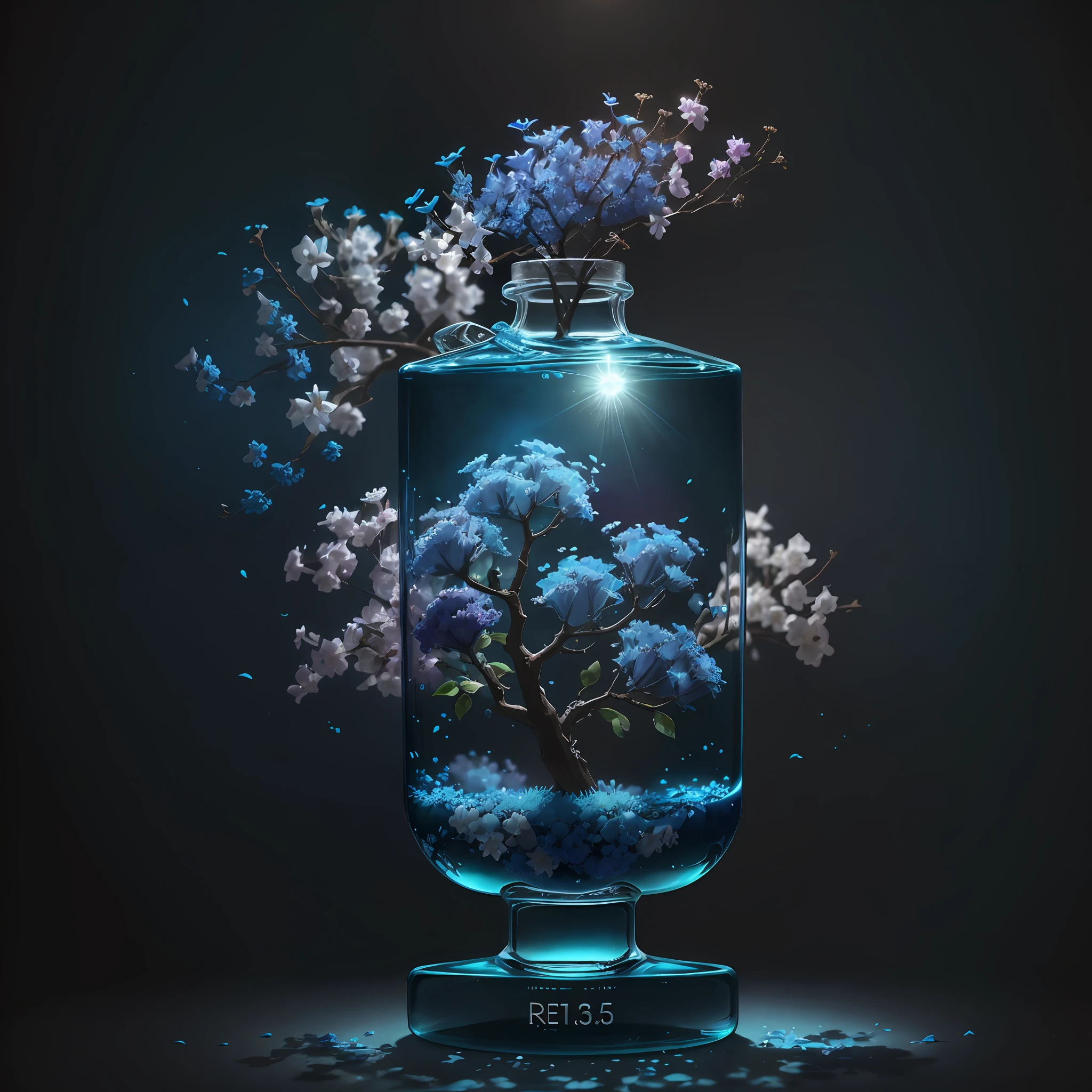 Tree with blue flowers in a bottle, fluffy, realistic, refraction of atmospheric light, by lee jeffries Nikon D850 film photography 4 camera kodak portra 400 lens f1.6 rich colors realistic texture hyper realistic lighting dramatic engine unreal trend in artstation cinestill 800, Style-Glass --auto --s2