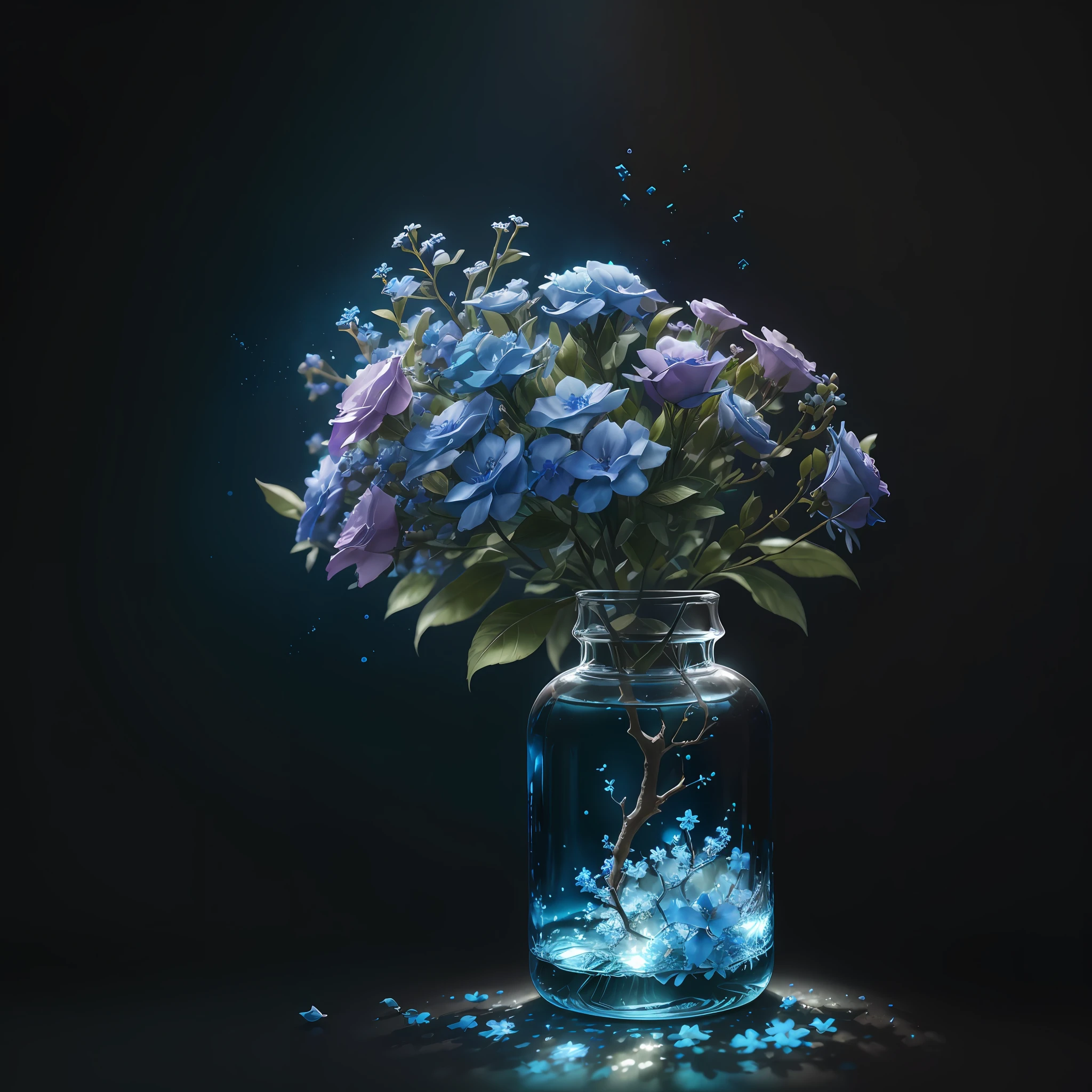 Tree with blue flowers in a bottle, fluffy, realistic, refraction of atmospheric light, by lee jeffries Nikon D850 film photography 4 camera kodak portra 400 lens f1.6 rich colors realistic texture hyper realistic lighting dramatic engine unreal trend in artstation cinestill 800, Style-Glass --auto --s2