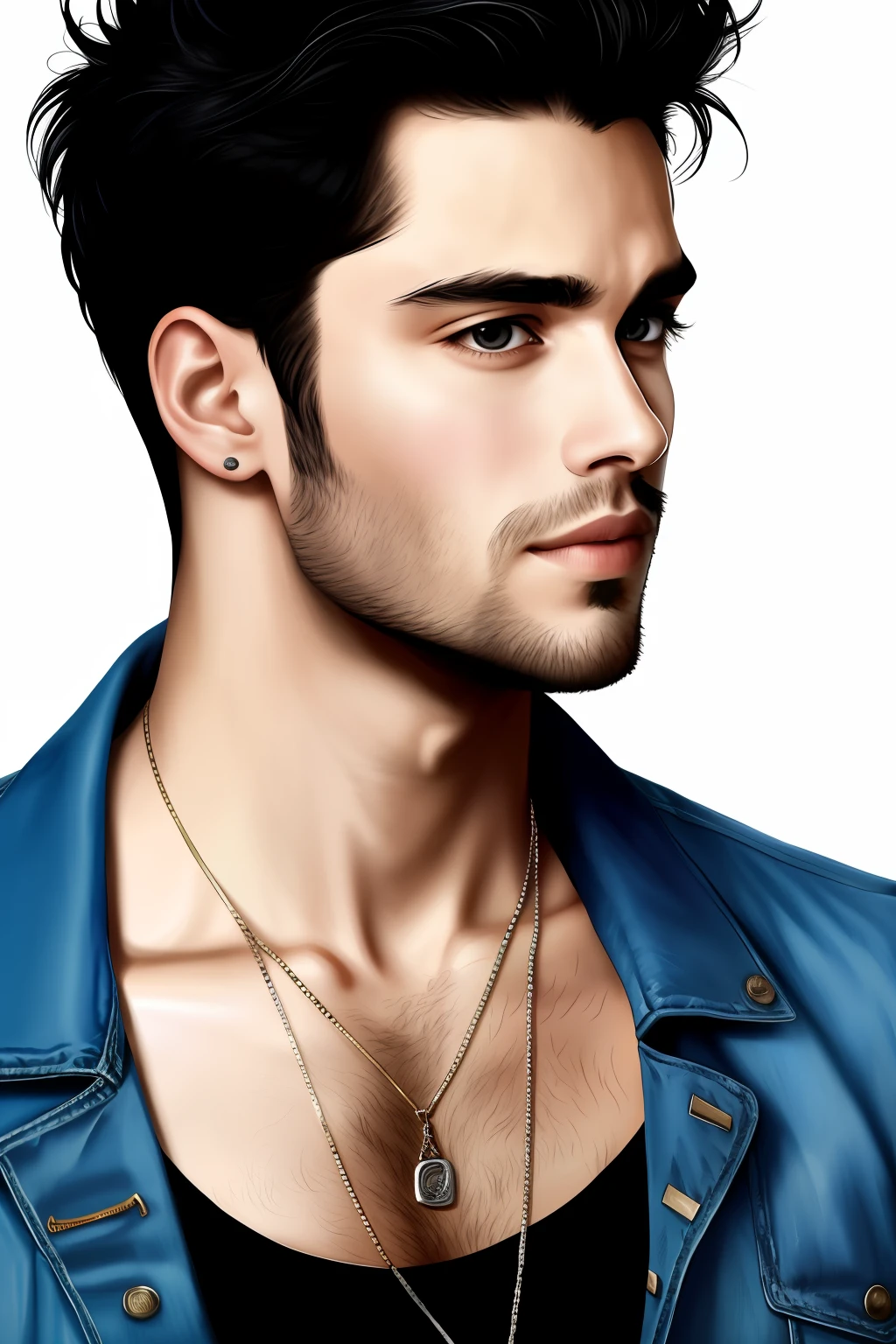 A realistic portrait of a man, 26 years old, a pop star, black hair, white skin