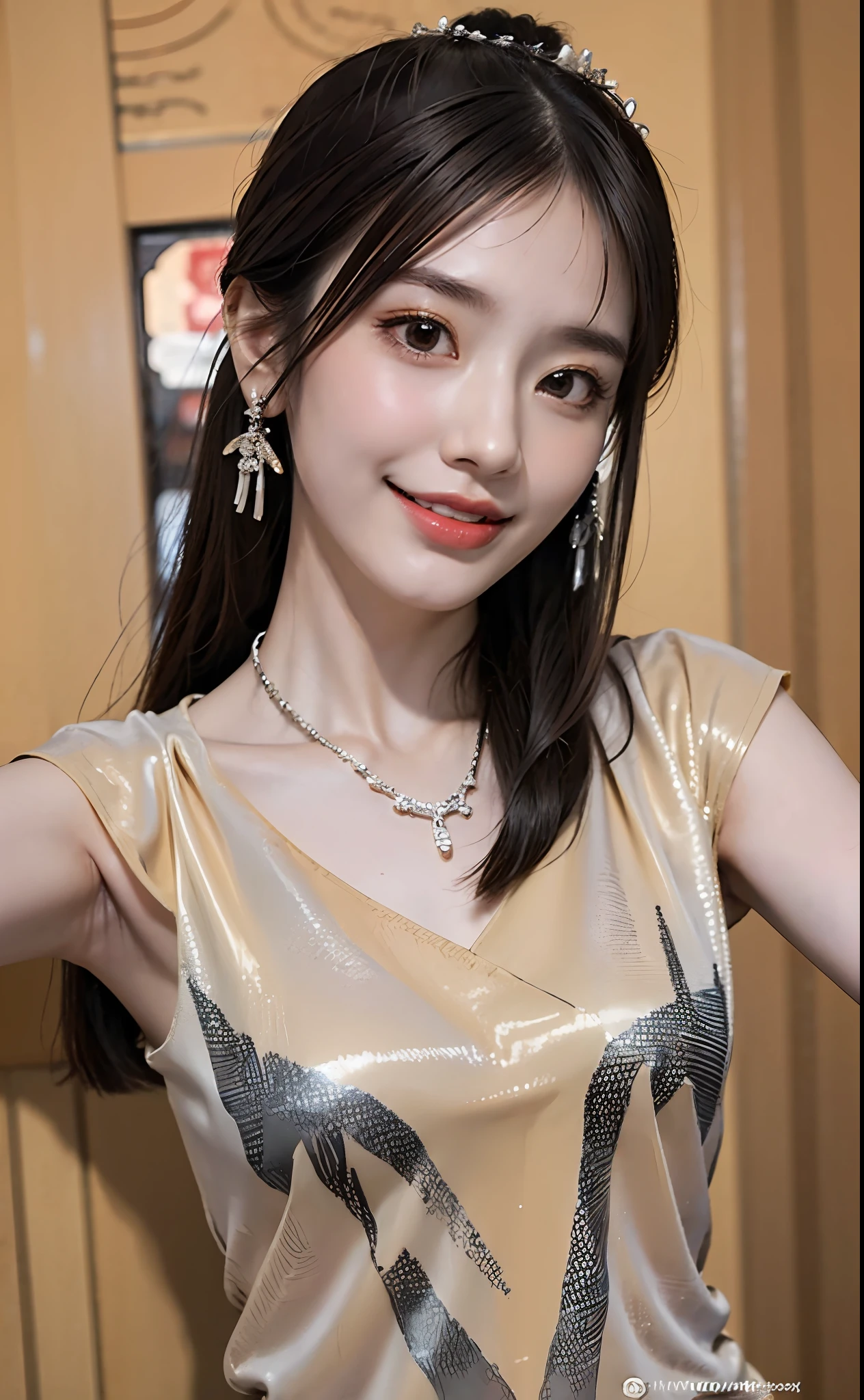 Best quality, masterpiece, detailed skin texture, detailed cloth texture, detailed face, super detail, 8k, intricate detail, 1girl, black hair, bangs, ancient Chinese background, thin, collarbone, headdress, earrings, bun, hair ornament, jewelry necklace, smile, full body photo