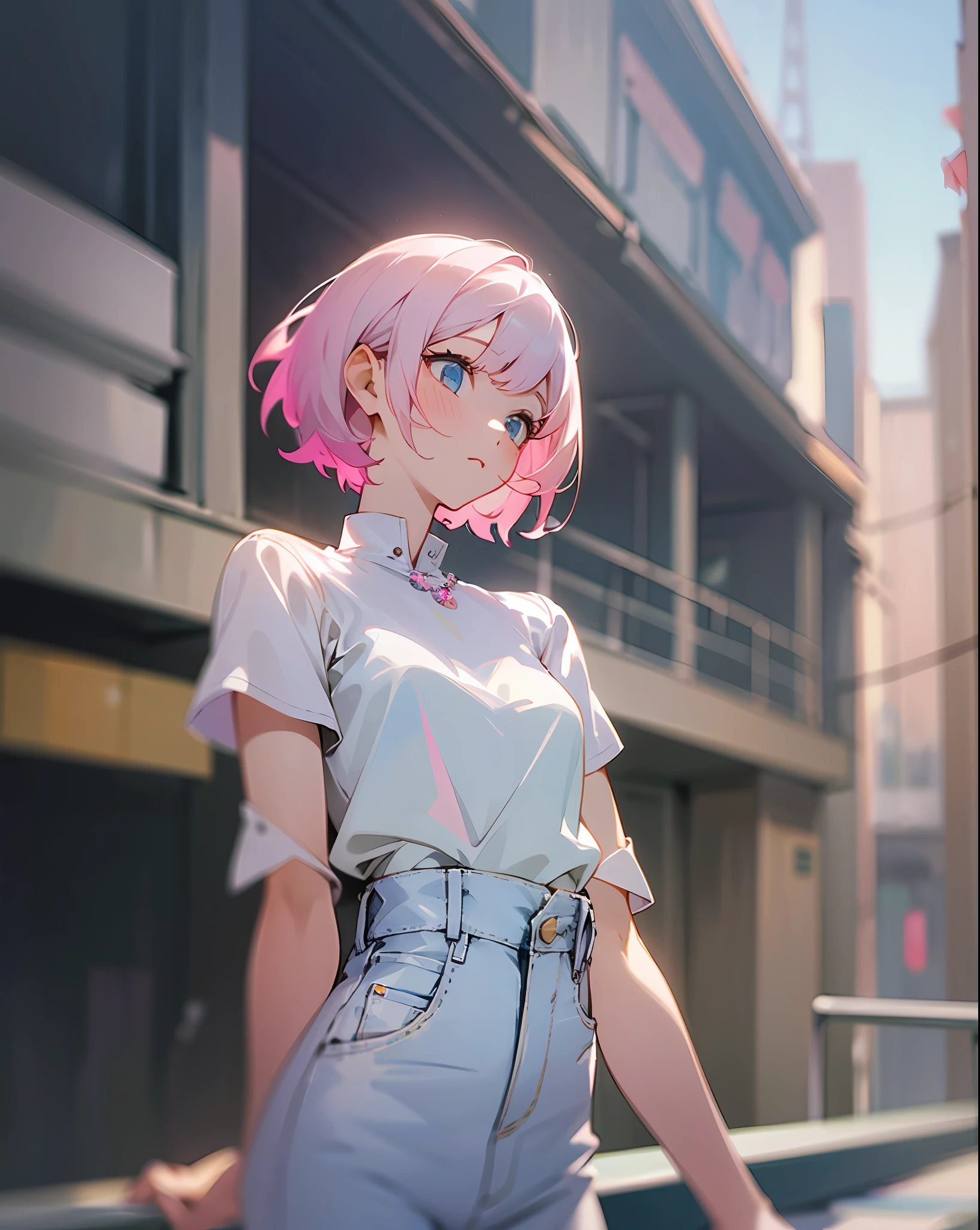 (best quality, masterpiece), 1girl, blurred background, upper body, contemporary, girl with pastel pink and short hair, white blouse and pantaloon blue jeans --auto --s2
