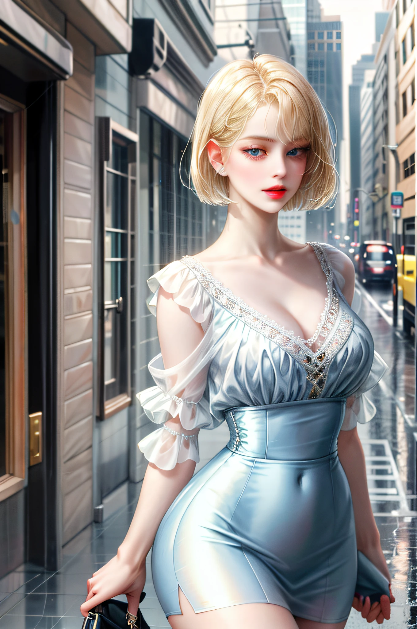 aristocratic young woman, blonde, blue-eyed girl, short cut bob, carrier woman, urban skyscraper street, white sheer blouse front open, cleavage braless areola, black mini tight skirt slit,