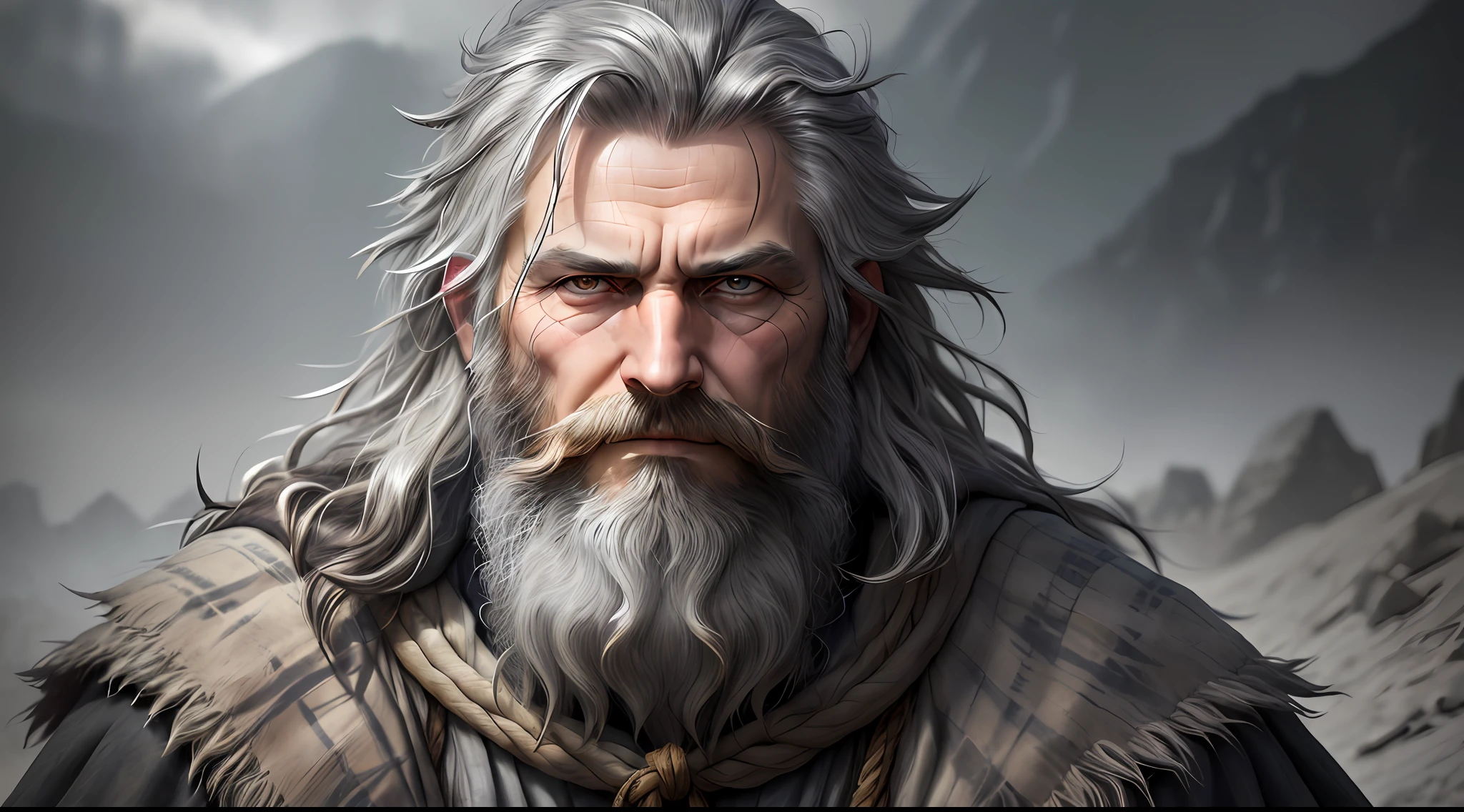 photo, old evil hermit, medieval, piercing_deep-set_eyes, wrinkled face, dark_stichted_cloak, (dramatic lighting:1.25), (dark background:1.2), (dirty_ unkempt_gray_hair:1.2), (long_shaggy_beard:1.3), (faded colors:1.1), (sharp focus:1.1), (shadows:1.2), (subtle HDR:1.3), (realistic skin texture:1.25), (detailed hair:1.2), (sandy texture:1.1), (cinematic appearance:1.2), (powerful pose:1.3), (blush:0.5), (goosebumps: 0.5), subsurface scattering, detailed_grey_eyes