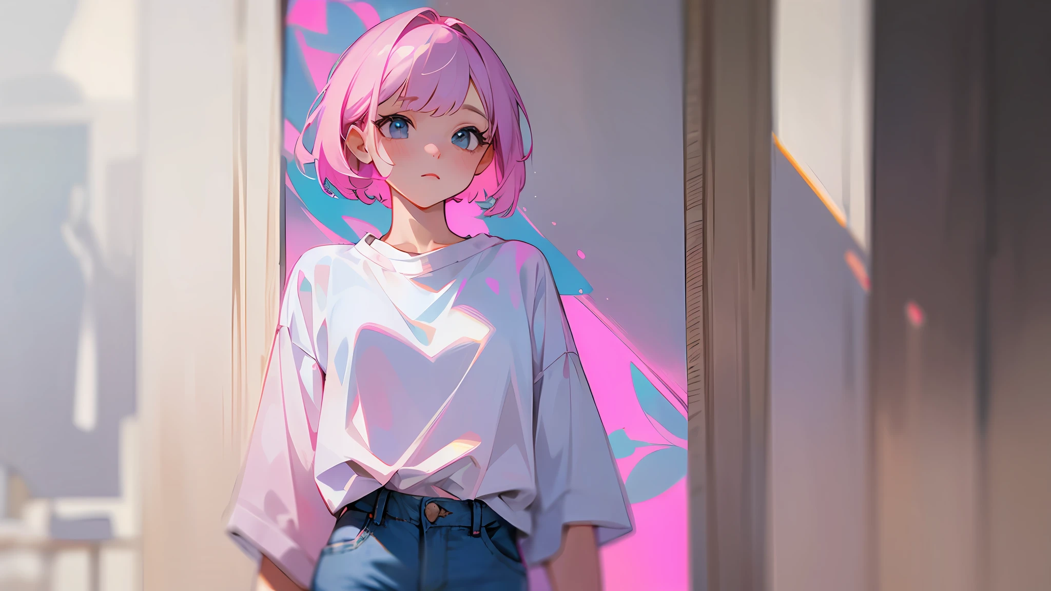 (best quality, masterpiece), 1girl, blurred background, upper body, contemporary, girl with pastel pink and short hair, white blouse and pantaloon blue jeans, --auto --s2