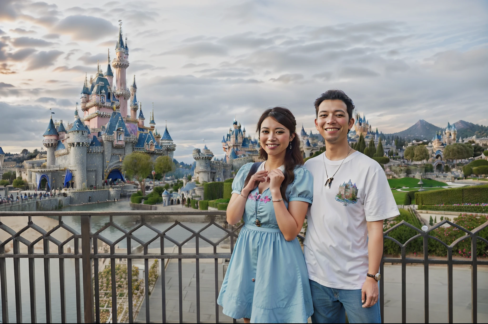 there are two people standing next to each other near a castle, background is disneyland castle, ( castle in the background ), photo taken with canon 5d, with a castle in the background, shot on sony a 7 iii, photo taken in 2 0 2 0, disney land, lovely couple, taken in 2022, disneyland as backdrop