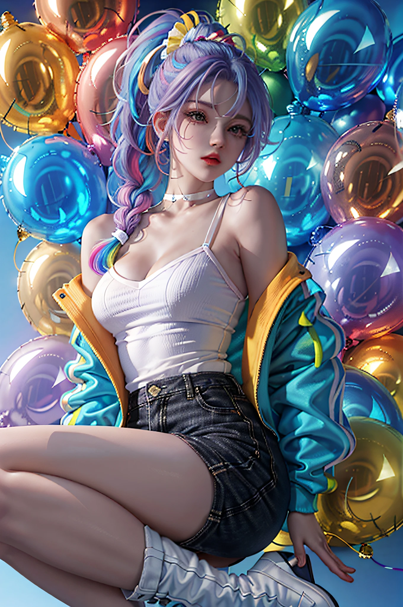 Masterpiece, best quality, 1 girl, pretty cute, (rainbow color highlight hair, colored hair: 1.4), wearing blue and purple sunglasses, yellow jacket with white pattern, white sweater, many colorful balloons, , ponytail braid, perfect detail eyes, delicate face, perfect CG, HD quality, color balloon, sky, black boots