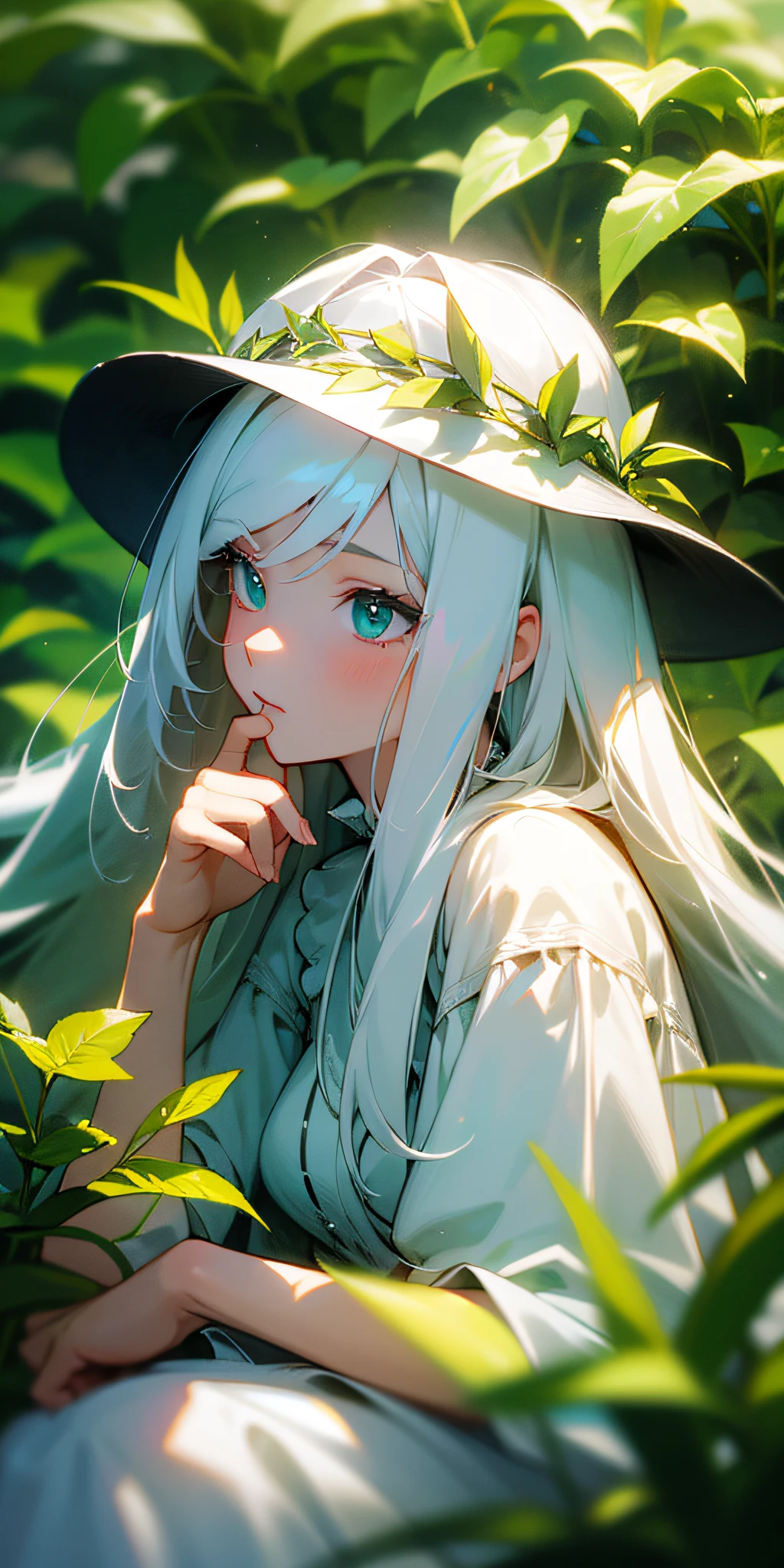 (masterpiece, best quality),1girl with long white hair sitting in a field of green plants and flowers, her hand under her chin, warm lighting, white dress, blurry foreground