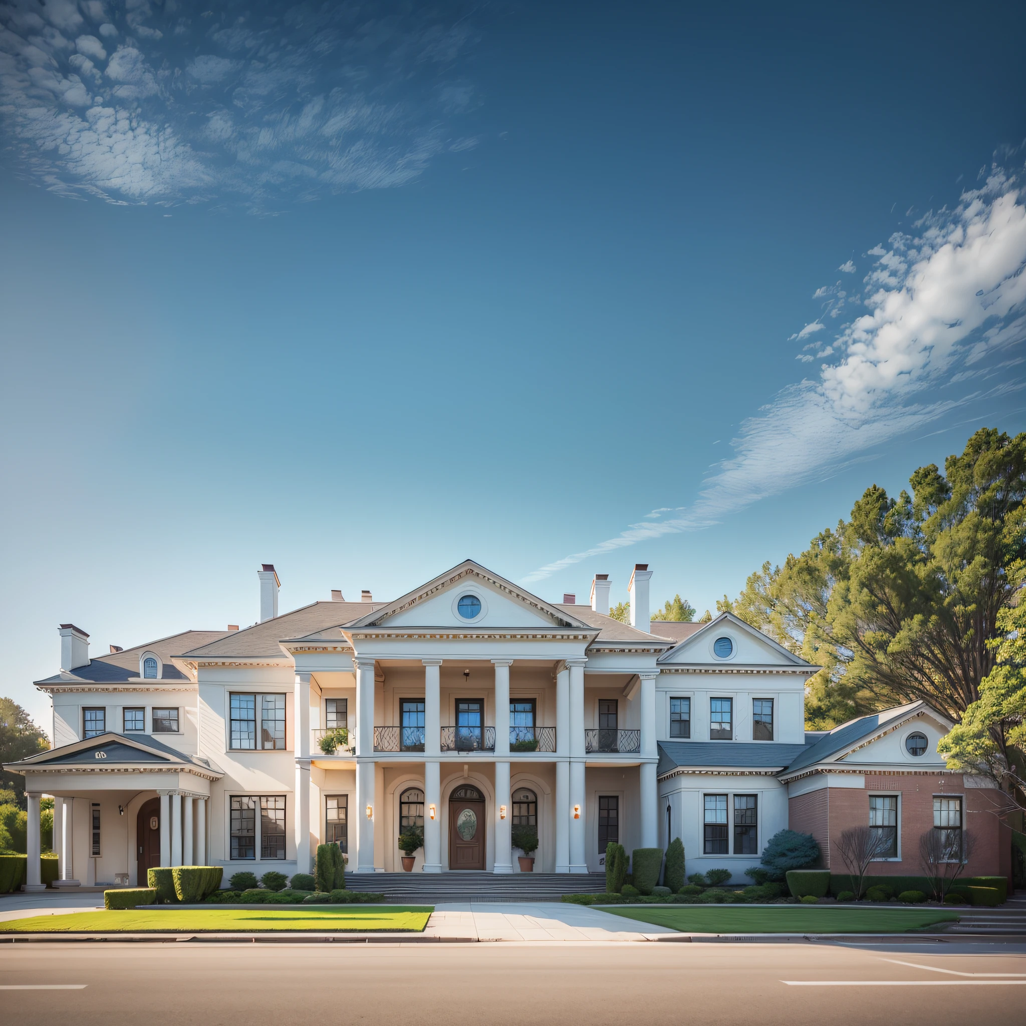 Modern American mansion, cars in front, blue sky, promotional photo, hdr, cinematic, adobe lightroom, highly detailed, award-winning photography, real photo, clear photo --auto --s2