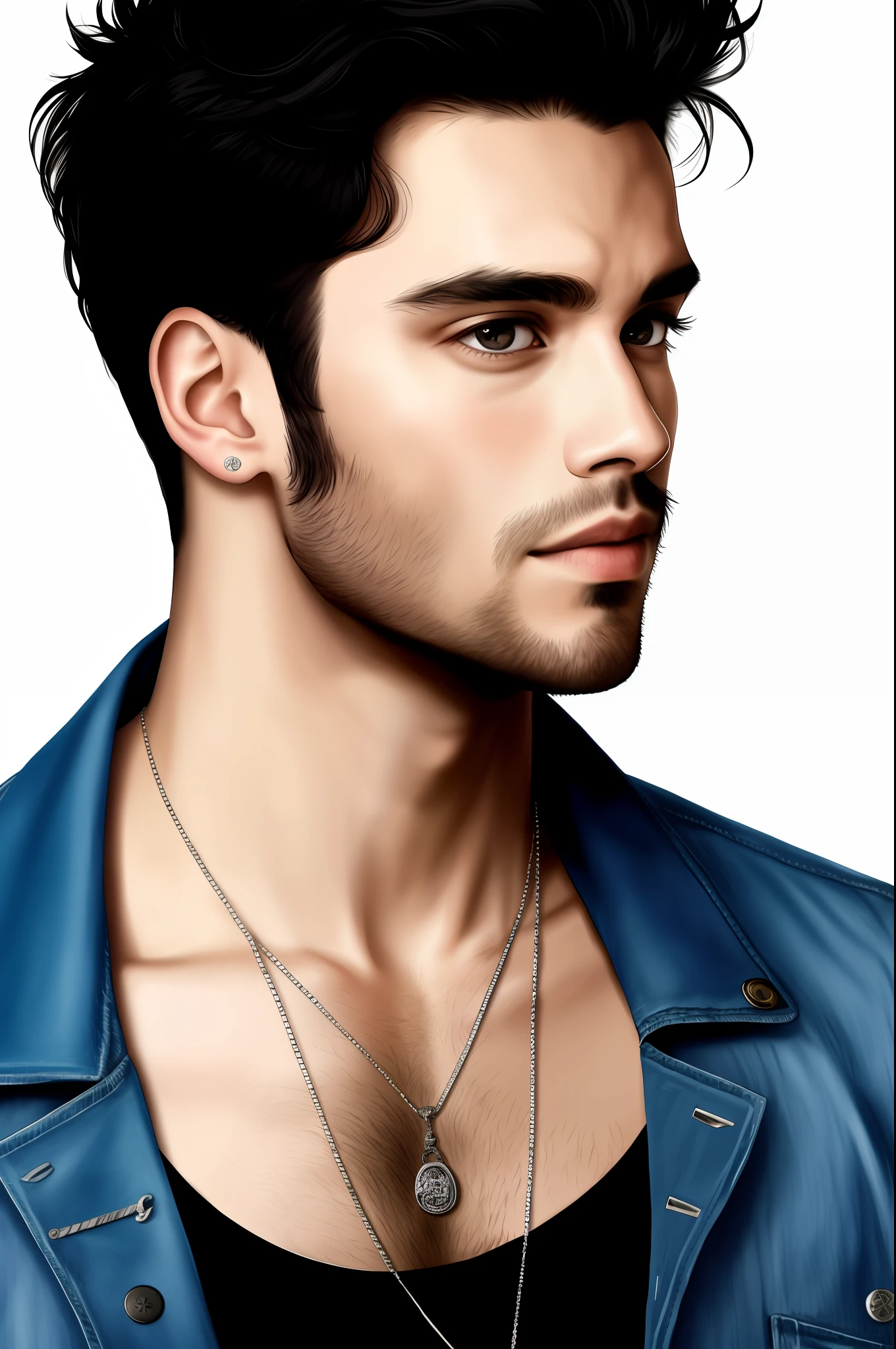 A realistic portrait of a man, 26 years old, a pop star, black hair, white skin