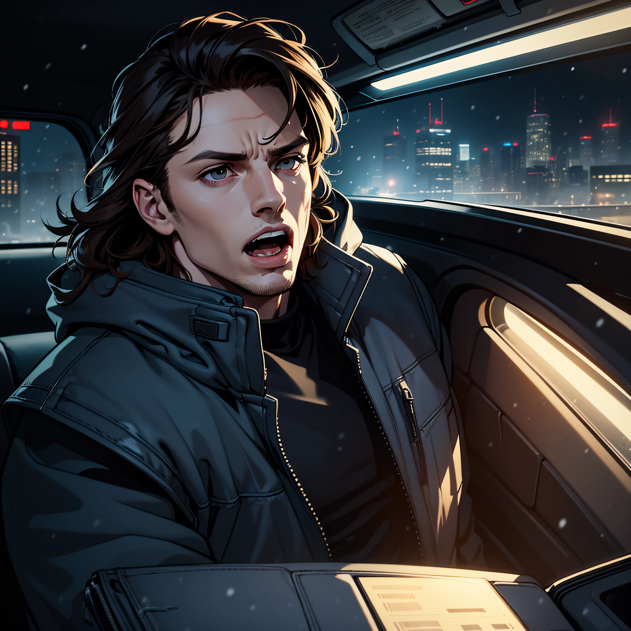 (((vector))), (Comics style), realistic, photorealistic, cinematic, cinematic lights, dark colors, volumetric lights, reflections, dramatic, ultra detailed, modern, ((masterpiece)), close-up on face, background embassado, faint colors, beautiful, man, solo, brown eyes, big hair, brown hair, hair in the wind, light age marks, (((inside the car))), (((open mouth))) winter jacket, jeans, nobody, sad, dark city, snowing,  city with snow, few lights, fog, cold, tense, cold gloves, looking at screen, snow on the body, puddles of water, relfexos, (((looking at camera))).
