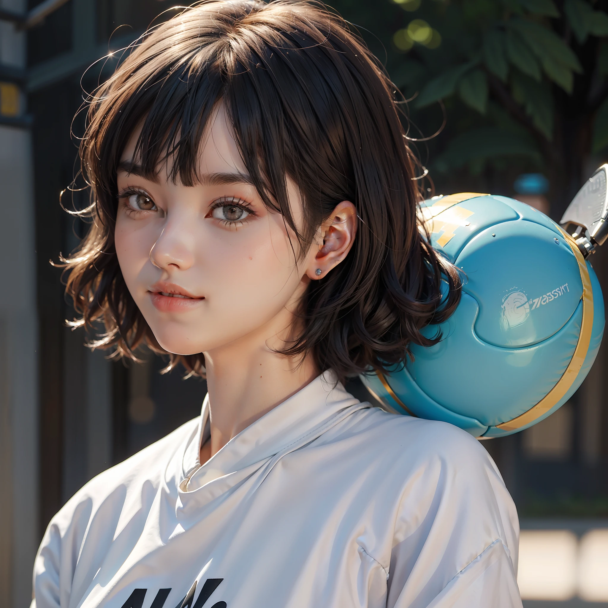zydG, 1girl, Detailed skin, View viewer, Brown eyes, (Short hair with bangs: 1.2), (Big: 1.0), (Areola: 0.8), Parted lips, Teeth, Smile, (Photorealistic: 1.4), (Best quality: 1.0), (Ultra High Definition: 1.0), 8K, RAW photography, (Masterpiece: 0.2), (Sportswear: 1.5), Side view, Portrait, (pureerosface_ v1:0.5), look at the camera, long, ear out